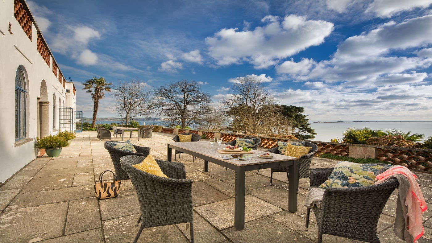 The outdoor sitting area and views from Portland House, Weymouth, Dorset