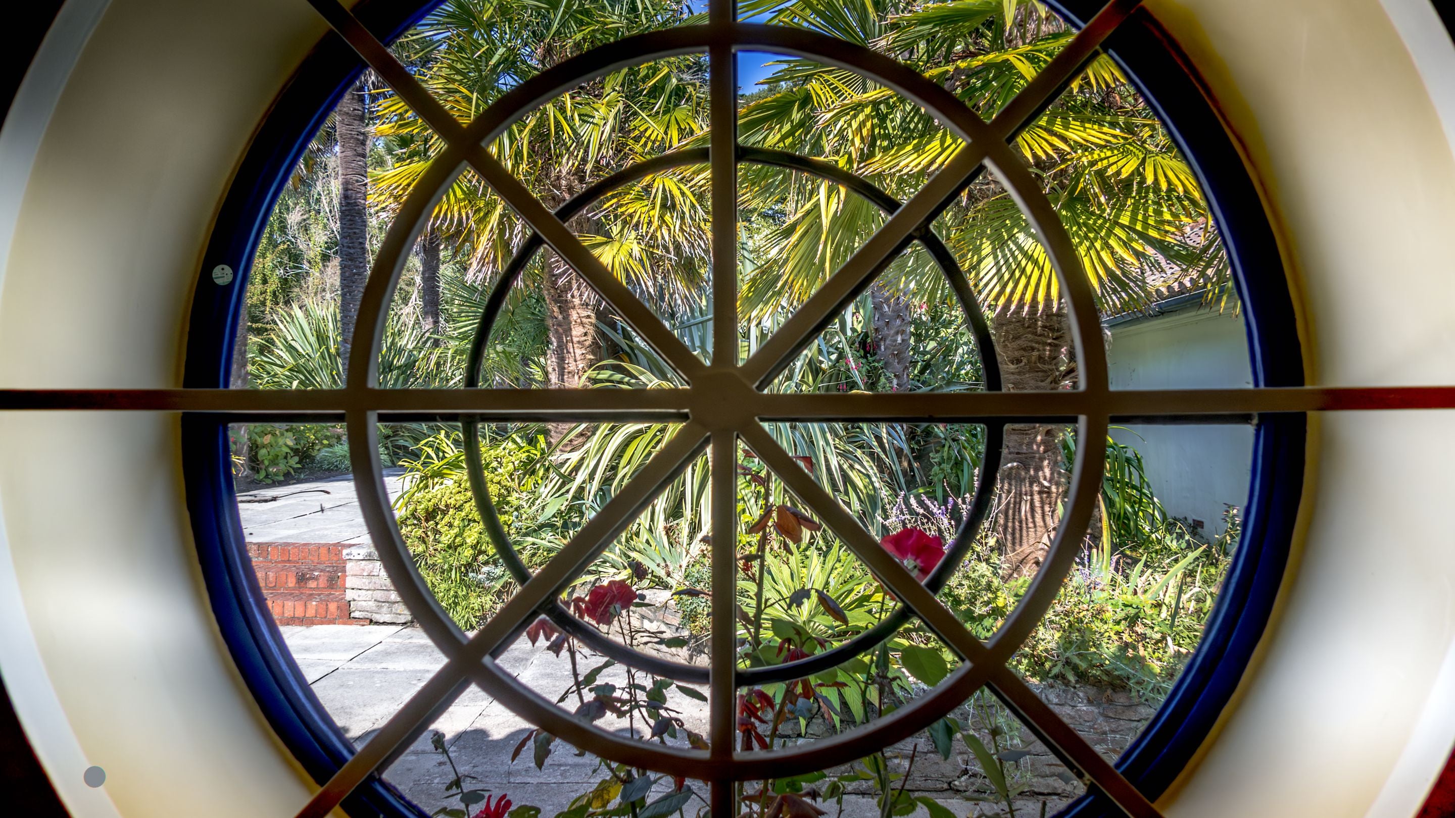 One of the circular windows at Portland House, with views of the garden and palm trees, Dorset