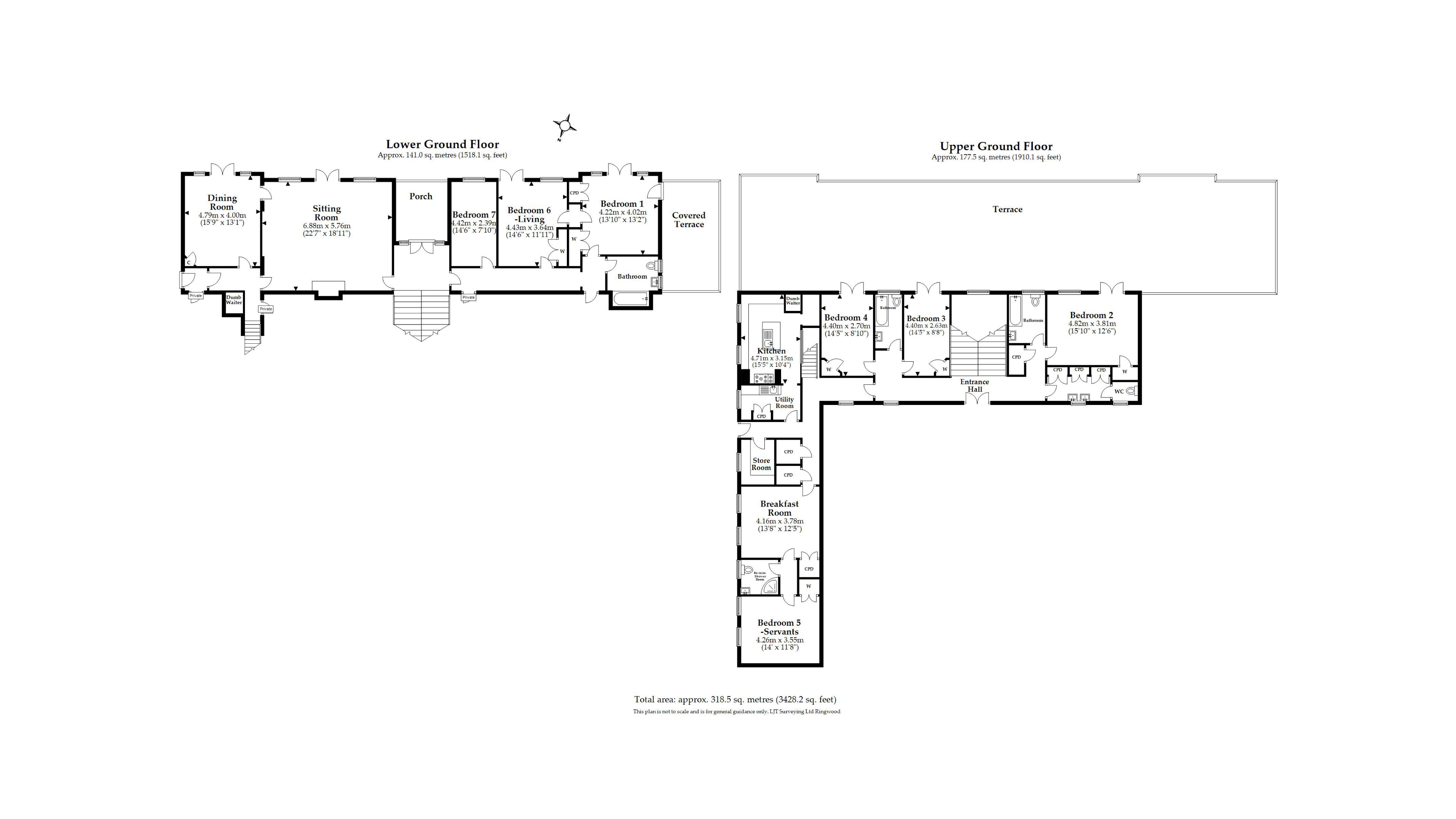 The floor plan for Portland House, showing upper ground floor with entrance hall, kitchen, utility room, store room, breakfast room, four bedrooms, a shower room, two bathrooms, a toilet, terrace and two staircases to the lower ground floor, with dining room, sitting room, three bedrooms, a bathroom, porch and covered terrace.