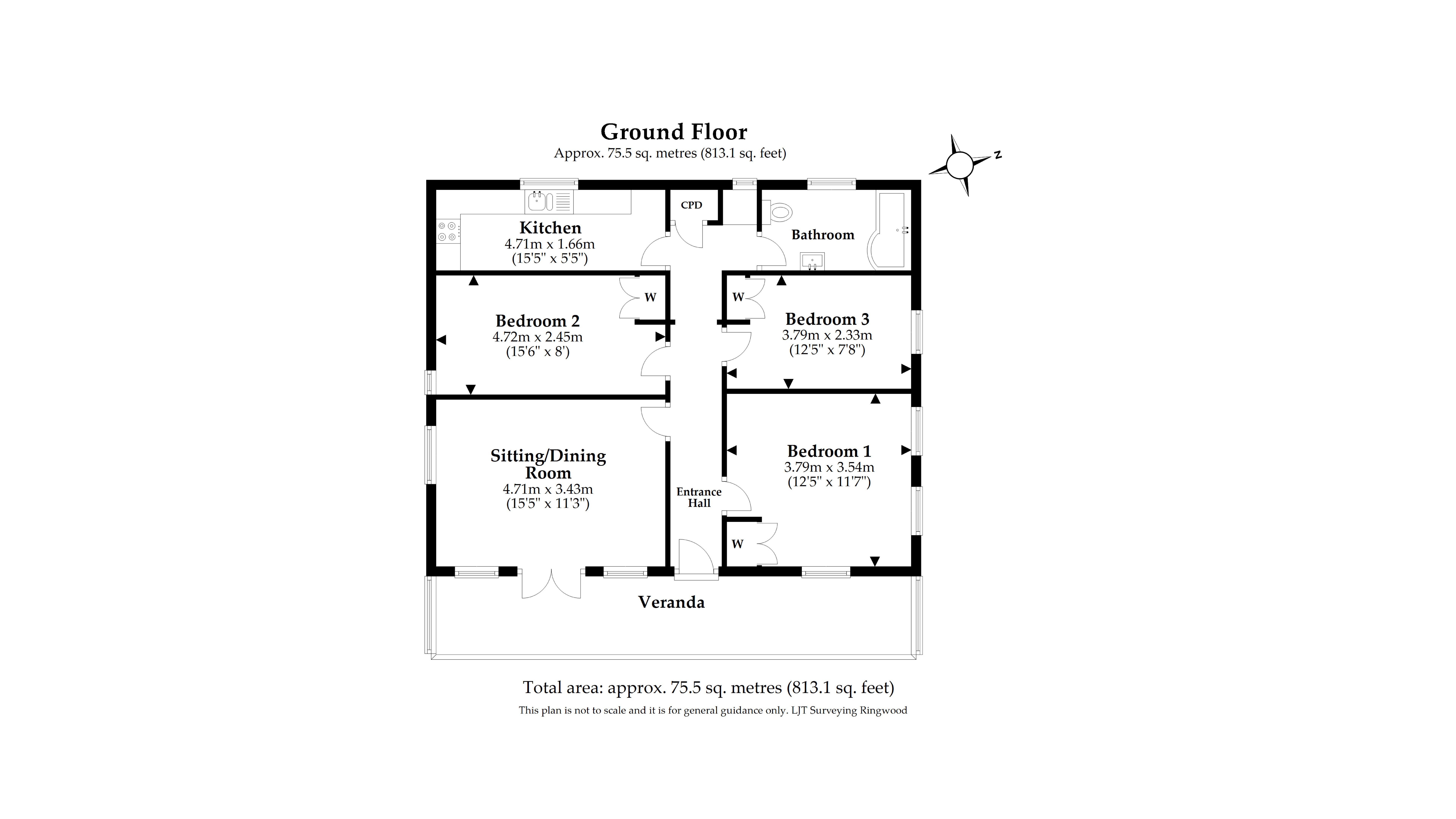 The floor plan for Seaview, showing the veranda, entrance hall, sitting and dining room, kitchen, three bedrooms and bathroom.