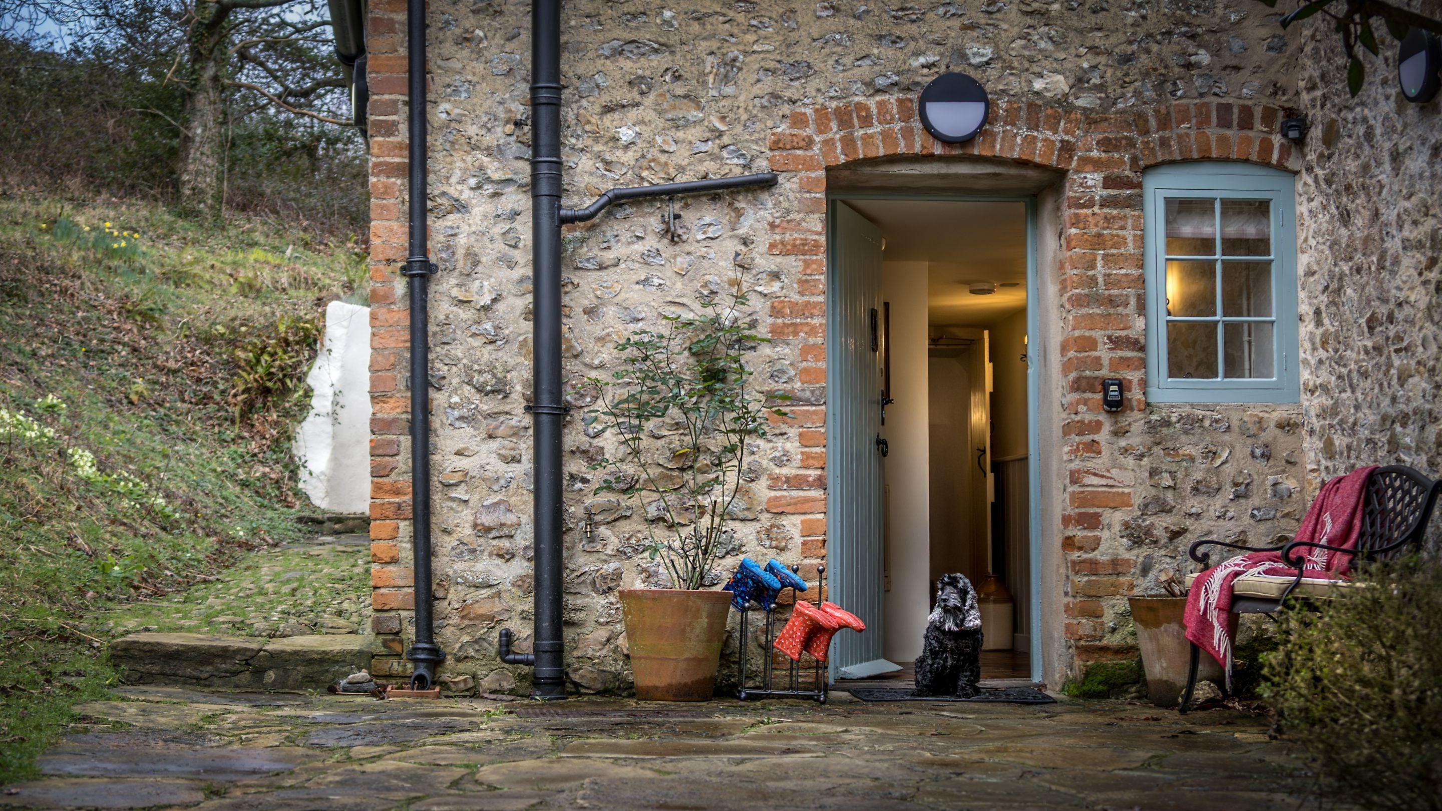 The entrance to Shedbush Farm House with a guest's dog, Dorset