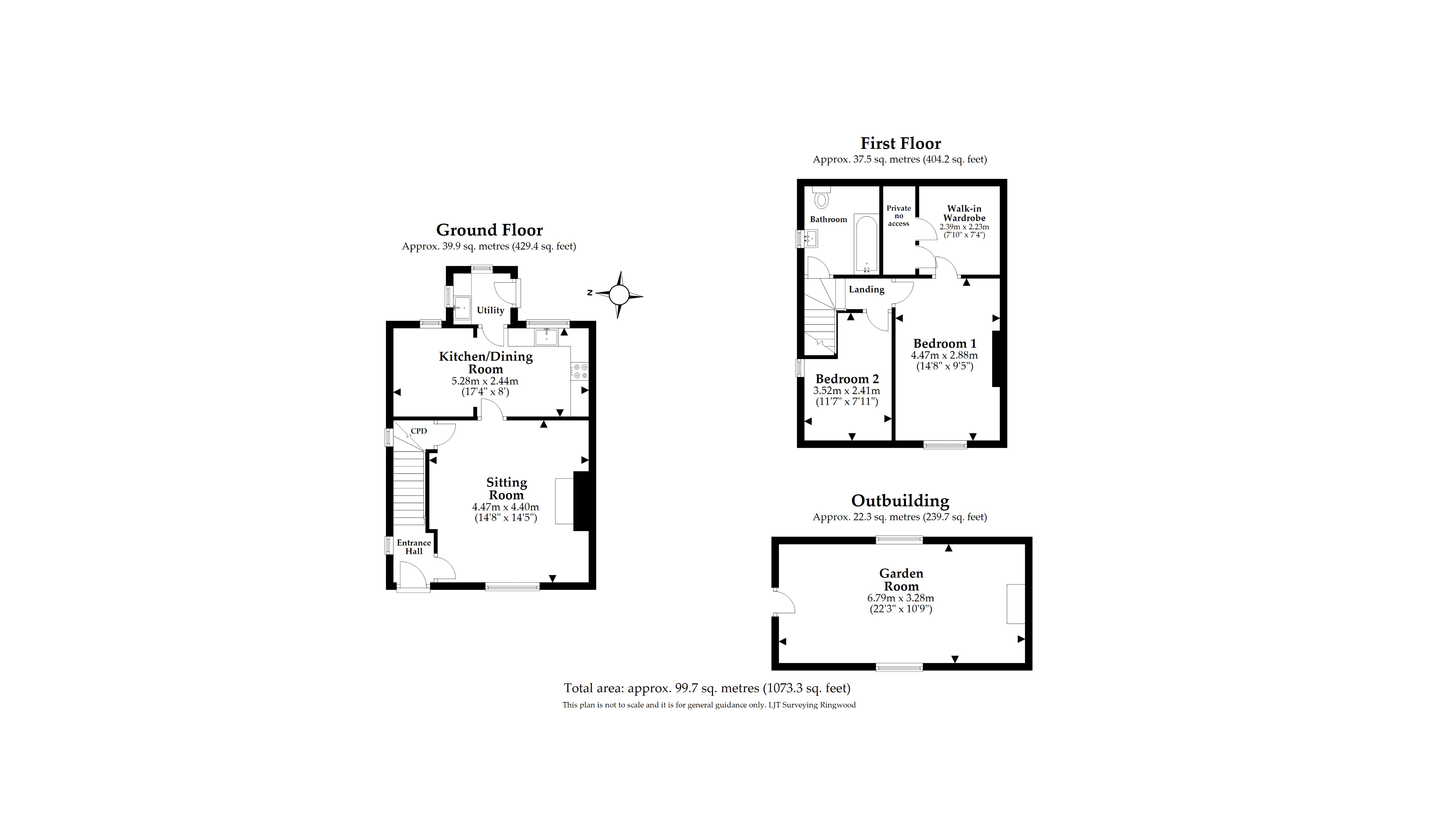 The floor plan for Spyway, showing ground floor with entrance hall, sitting room, kitchen-diner and utility room, the first floor with one bedroom with walk-in wardrobe, another bedroom and a bathroom, and an outbuilding.