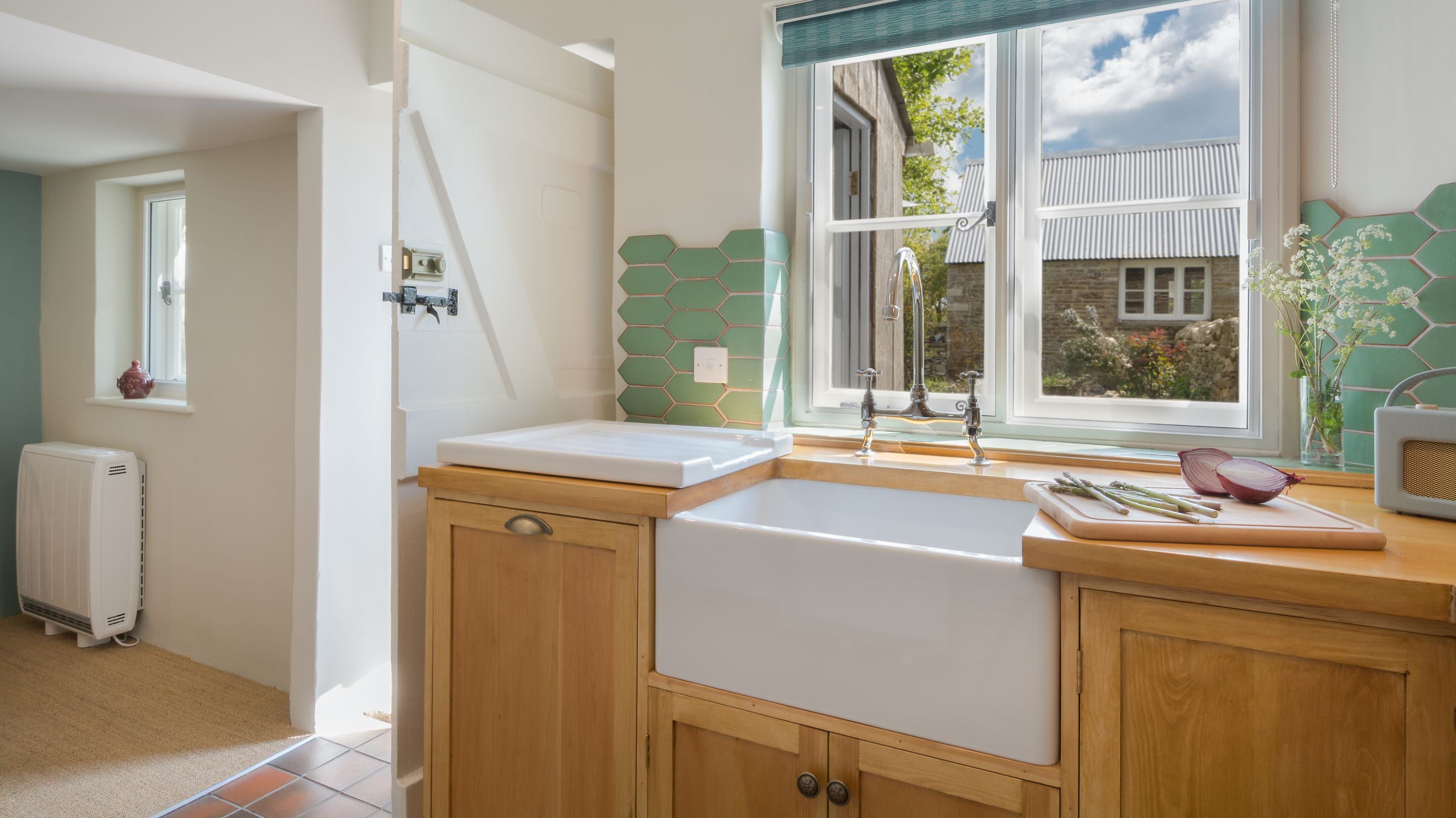 The kitchen and the back door at Spyway, Dorset