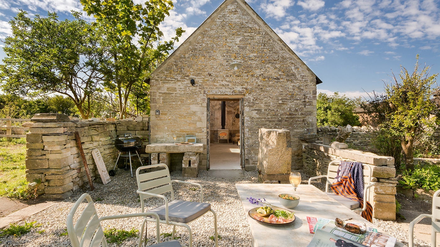 The converted stone carving shed at Spyway Cottage, Dorset 