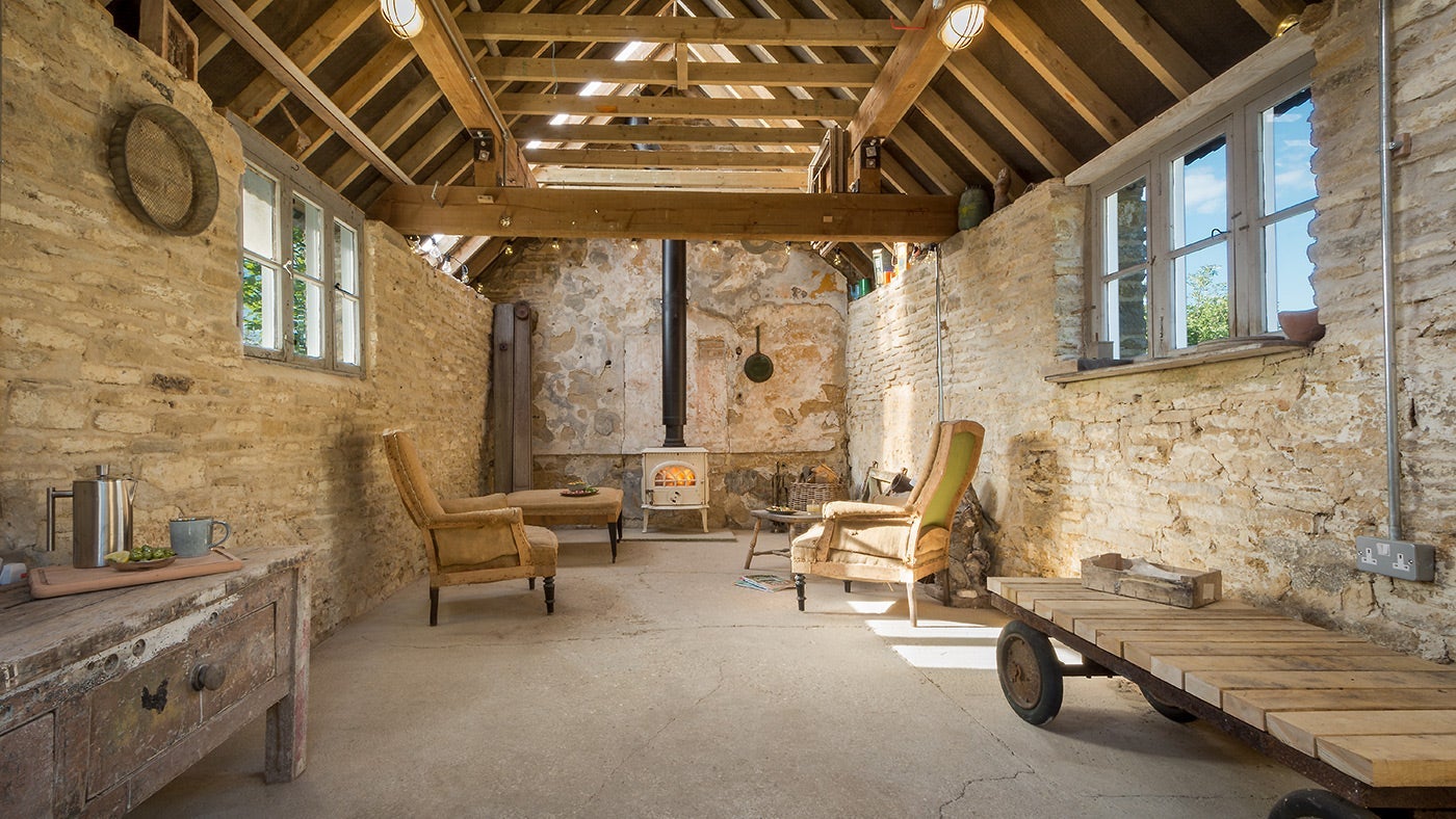 The converted stone carving shed at Spyway Cottage, Dorset 