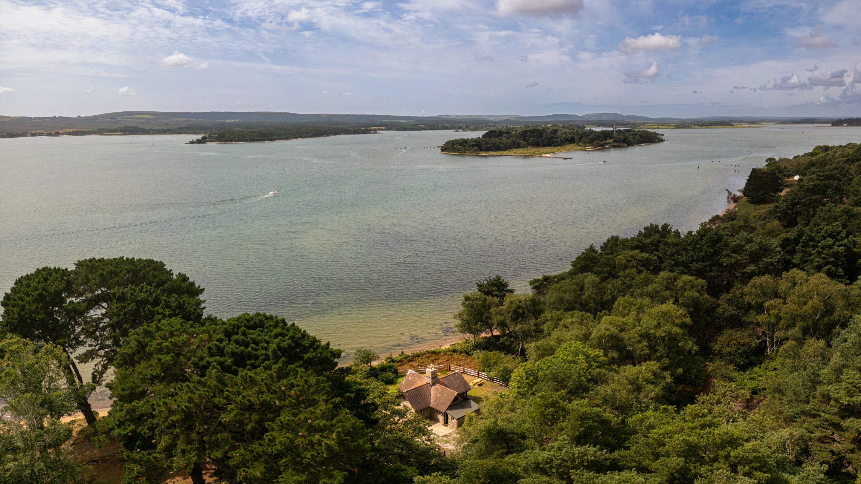 An aerial view of St Mark's Bothy looking out to the water, Brownsea Island, Dorset