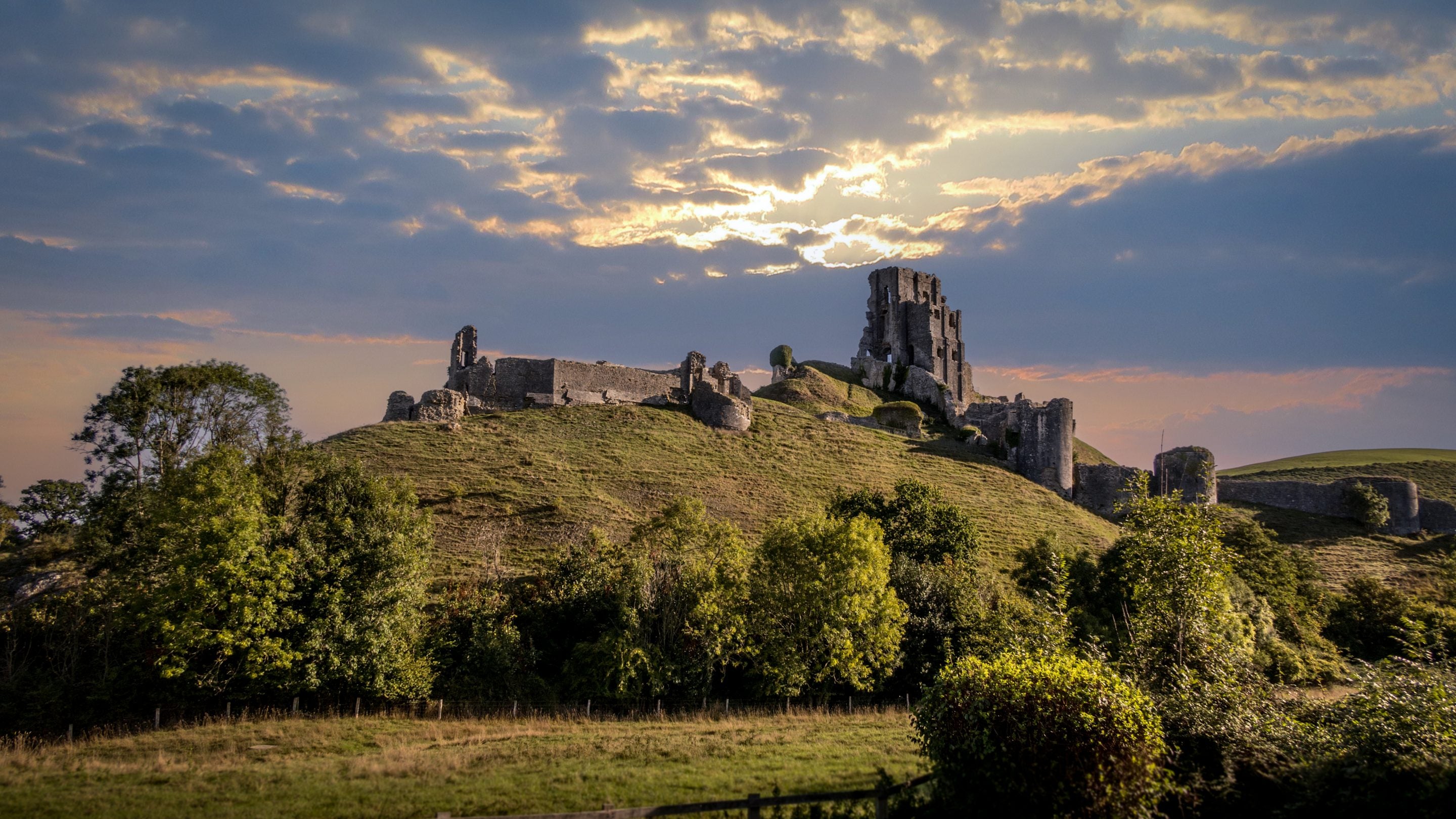 An evening view of Corfe Castle from Vineyard Cottage, Dorset