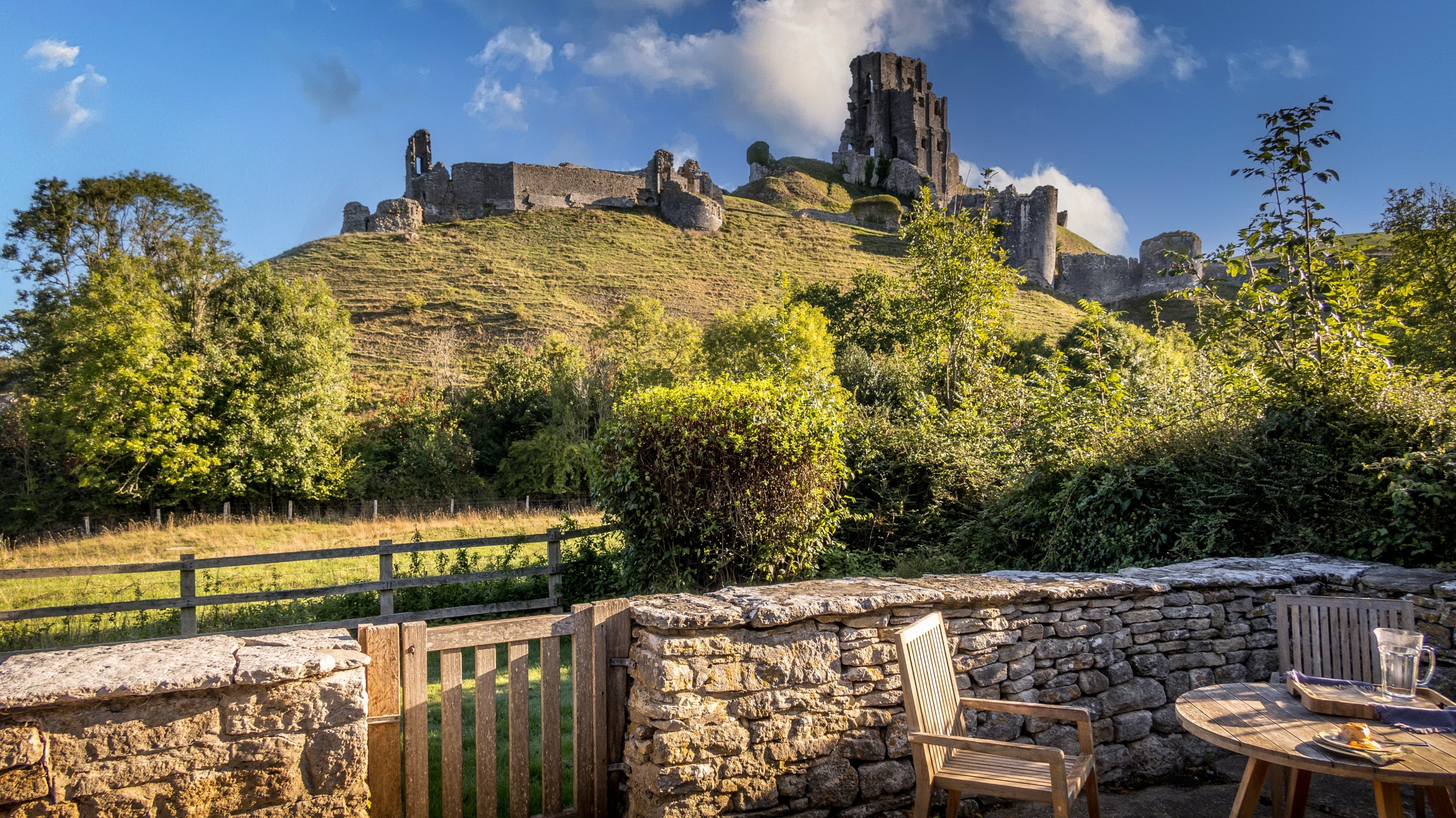 The garden and view at Vineyard Farm Cottage, Dorset