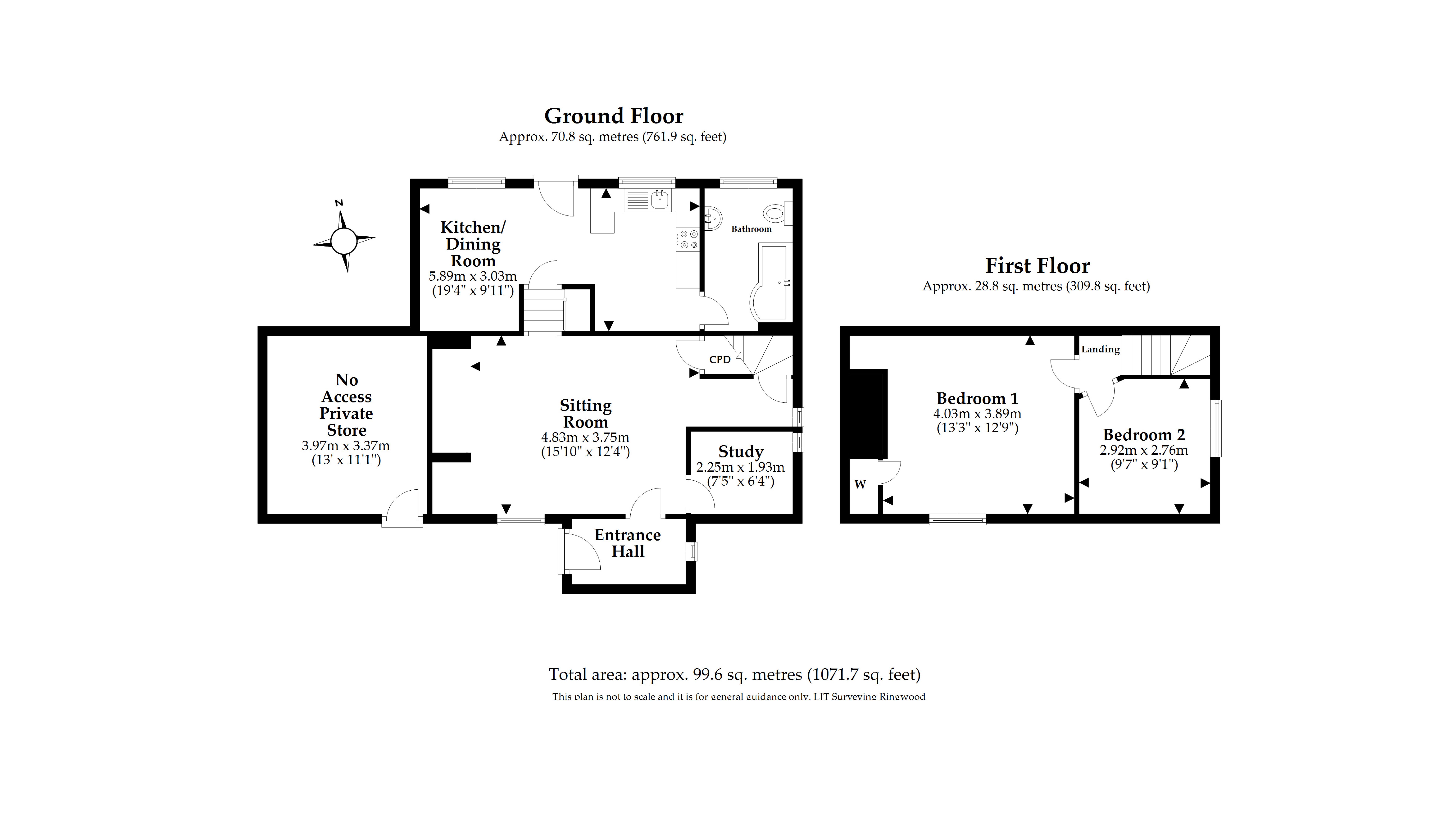 The floor plan for Vineyard Farm Cottage, showing the ground floor with kitchen with dining area, sitting room, reading room and bathroom, and first floor with two bedrooms.