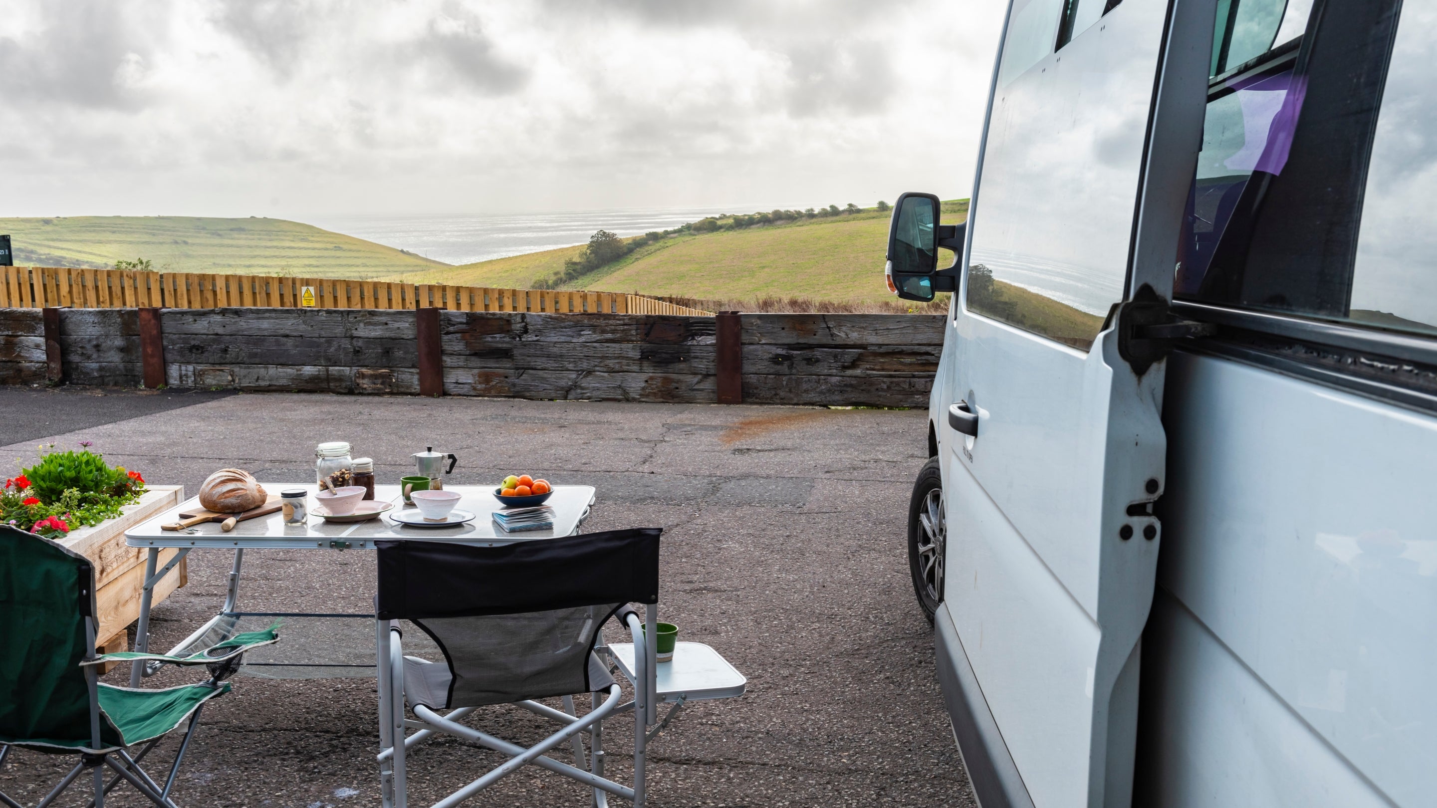 The view to the sea from the pitches at Weston Farm Motorhome Site, Dorset