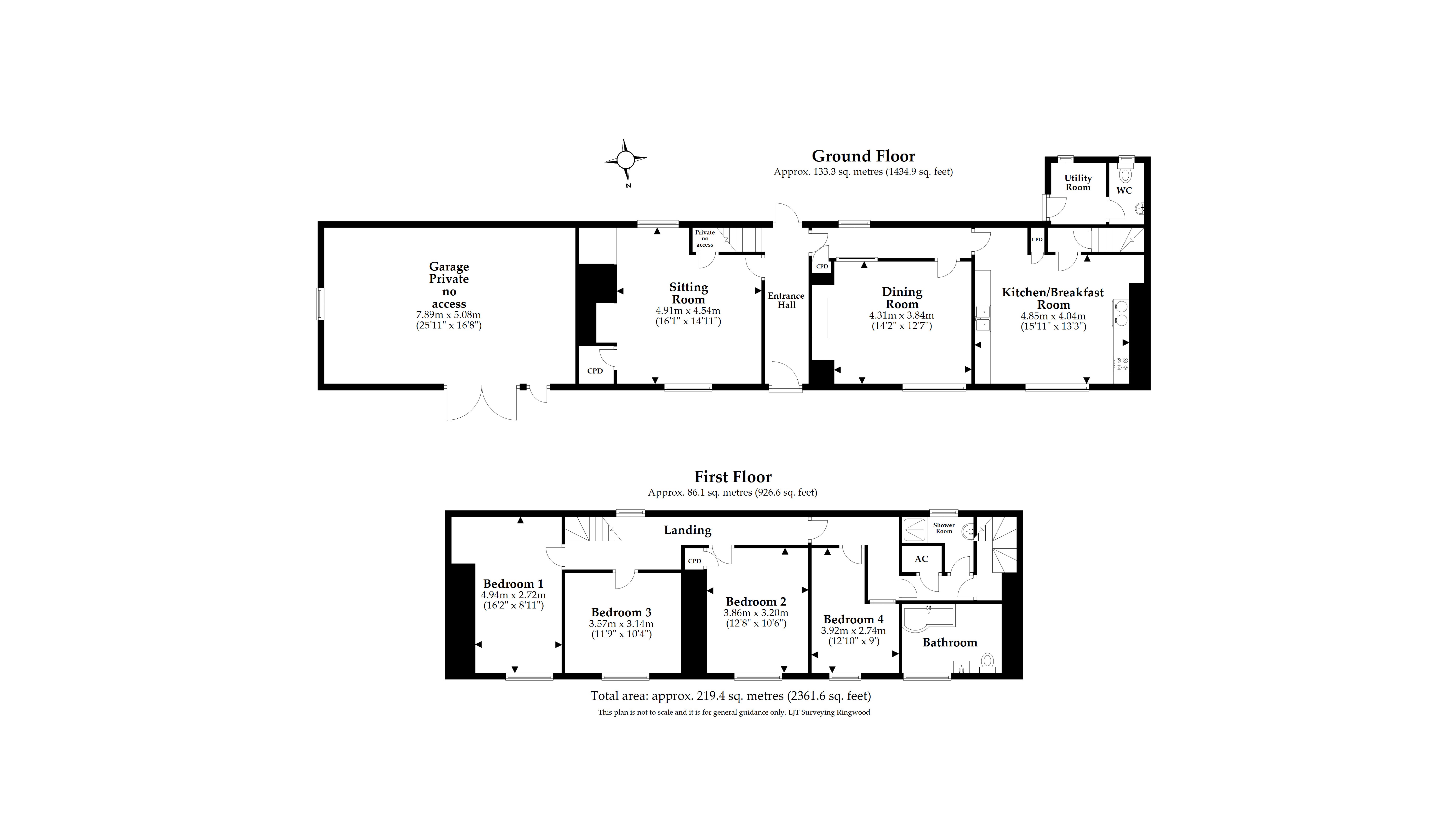 The floor plan for Westwood Farm House, showing ground floor with entrance hall, sitting room, dining room, kitchen, utility room, toilet, and two staircases to the first floor, with four bedrooms, bathroom and shower room.