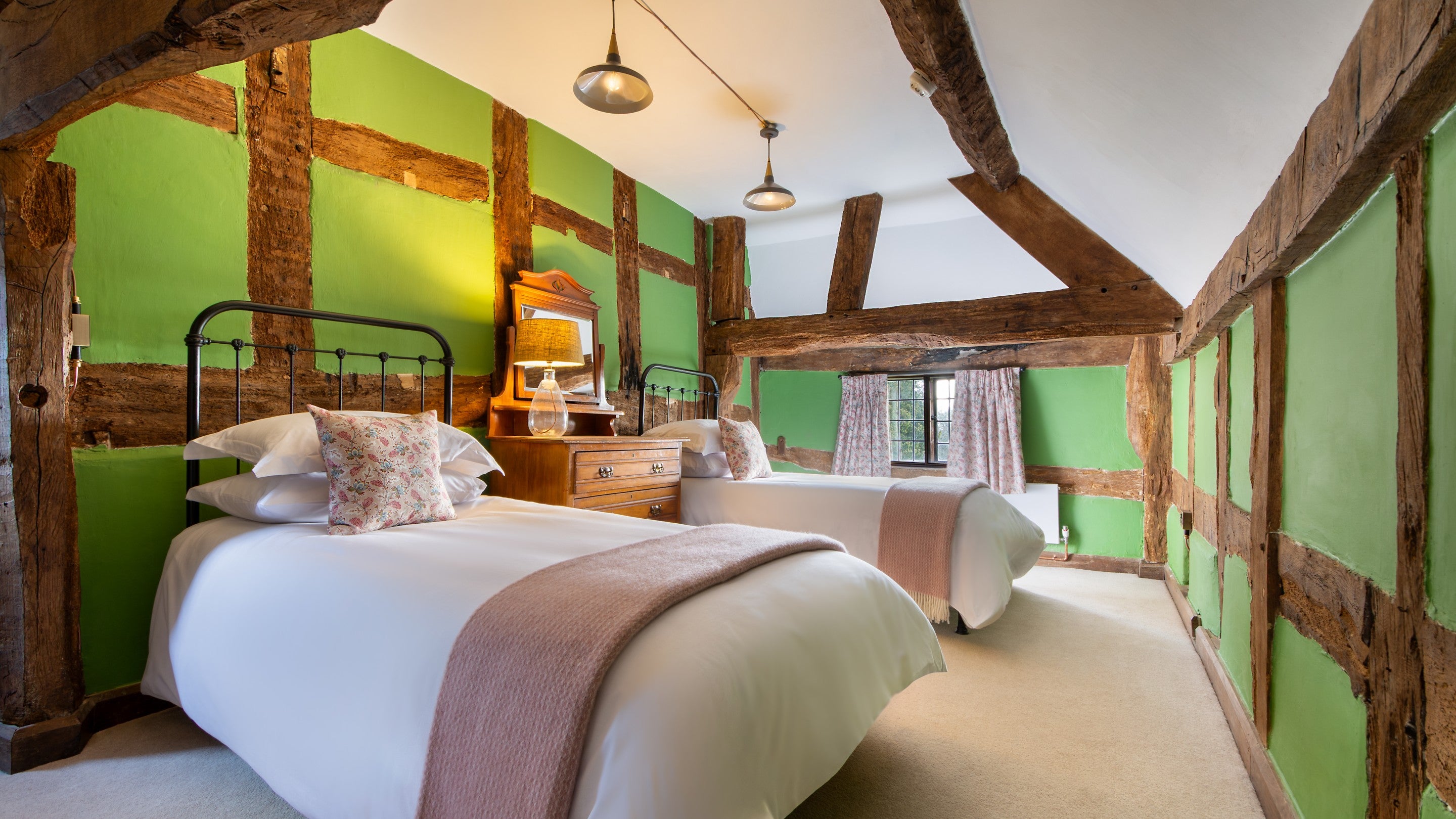 One of the twin bedrooms at Cwmmau Farmhouse, Herefordshire