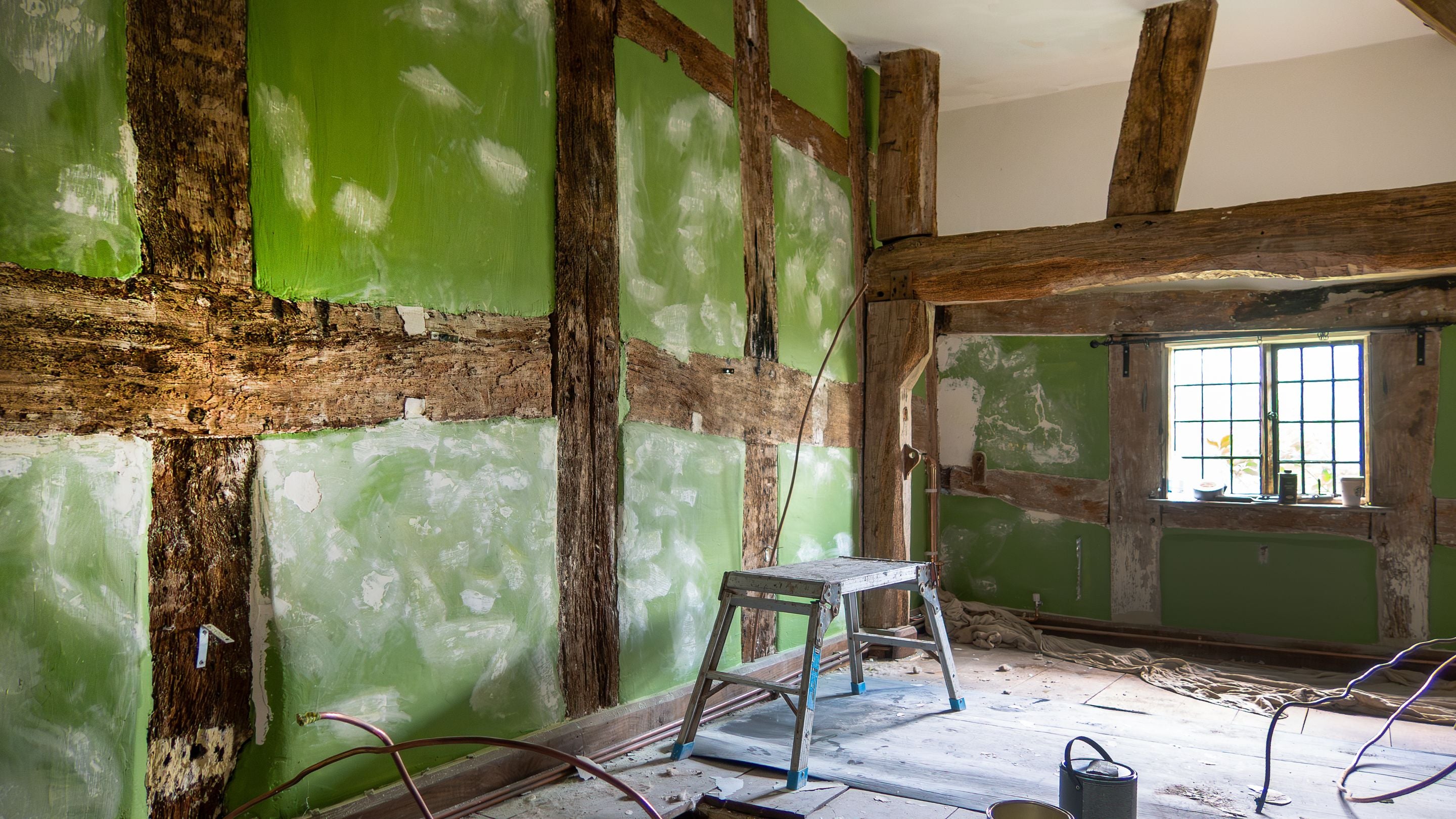 Cwmmau Farmhouse under restoration, showing one of the bedrooms, Herefordshire