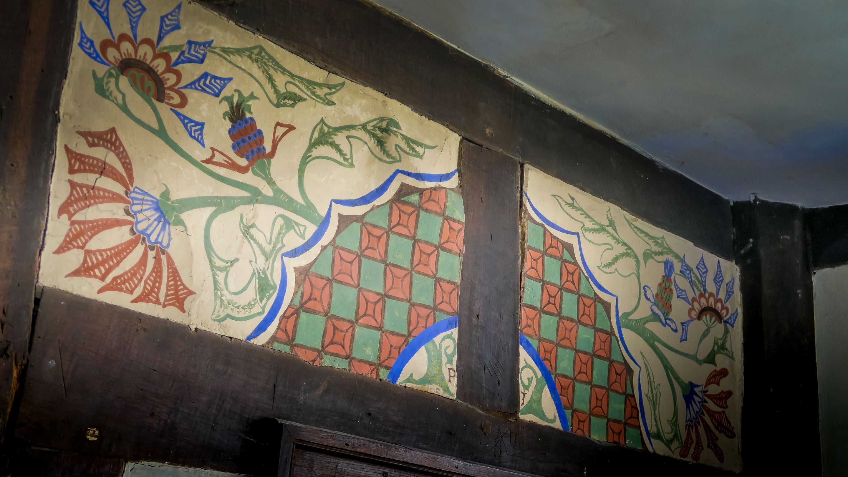 Cwmmau Farmhouse under restoration, showing an original all painting, Herefordshire