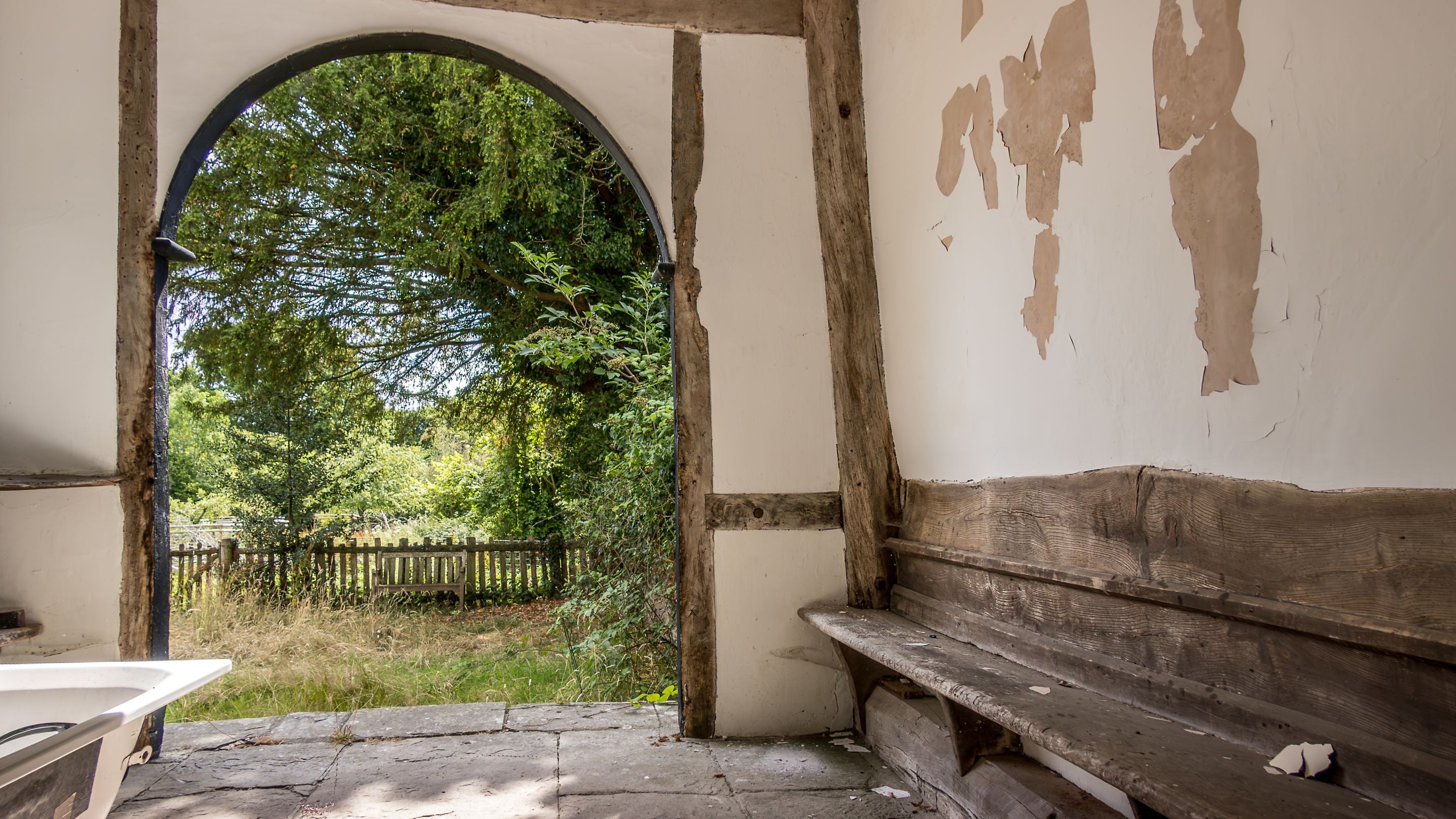 Cwmmau Farmhouse under restoration, showing the original porch, Herefordshire