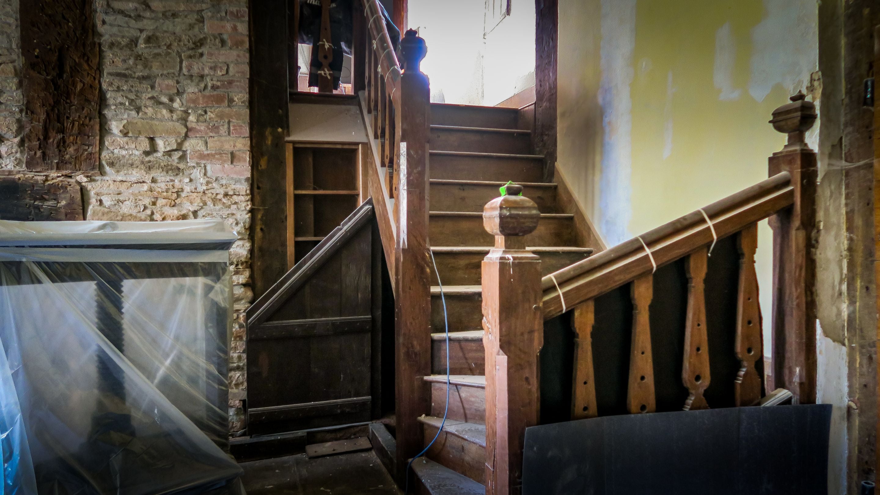 Cwmmau Farmhouse under restoration, showing the staircase, Herefordshire