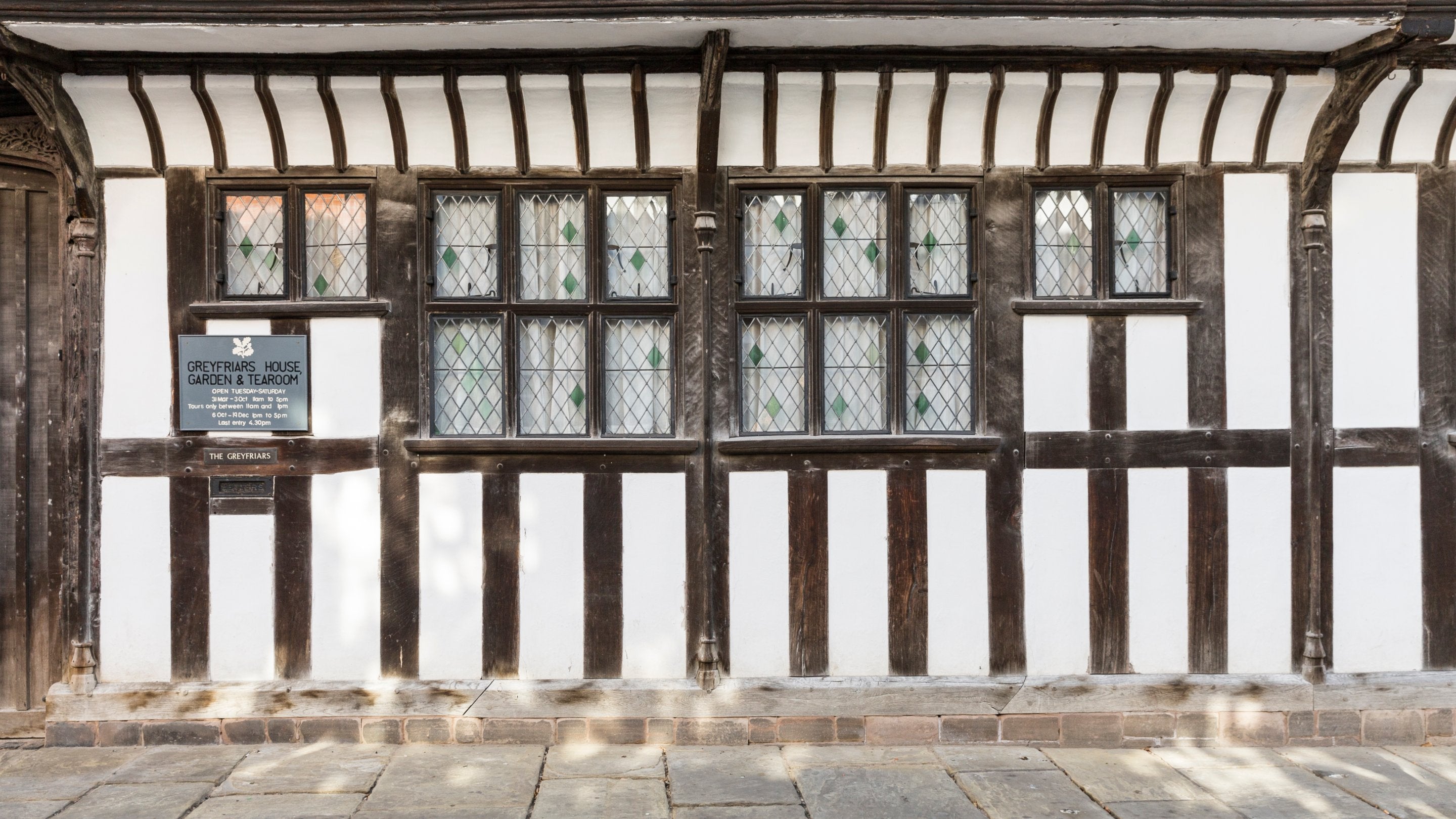The timber framed ground floor of Greyfriars House, viewed from the street, Worcestershire