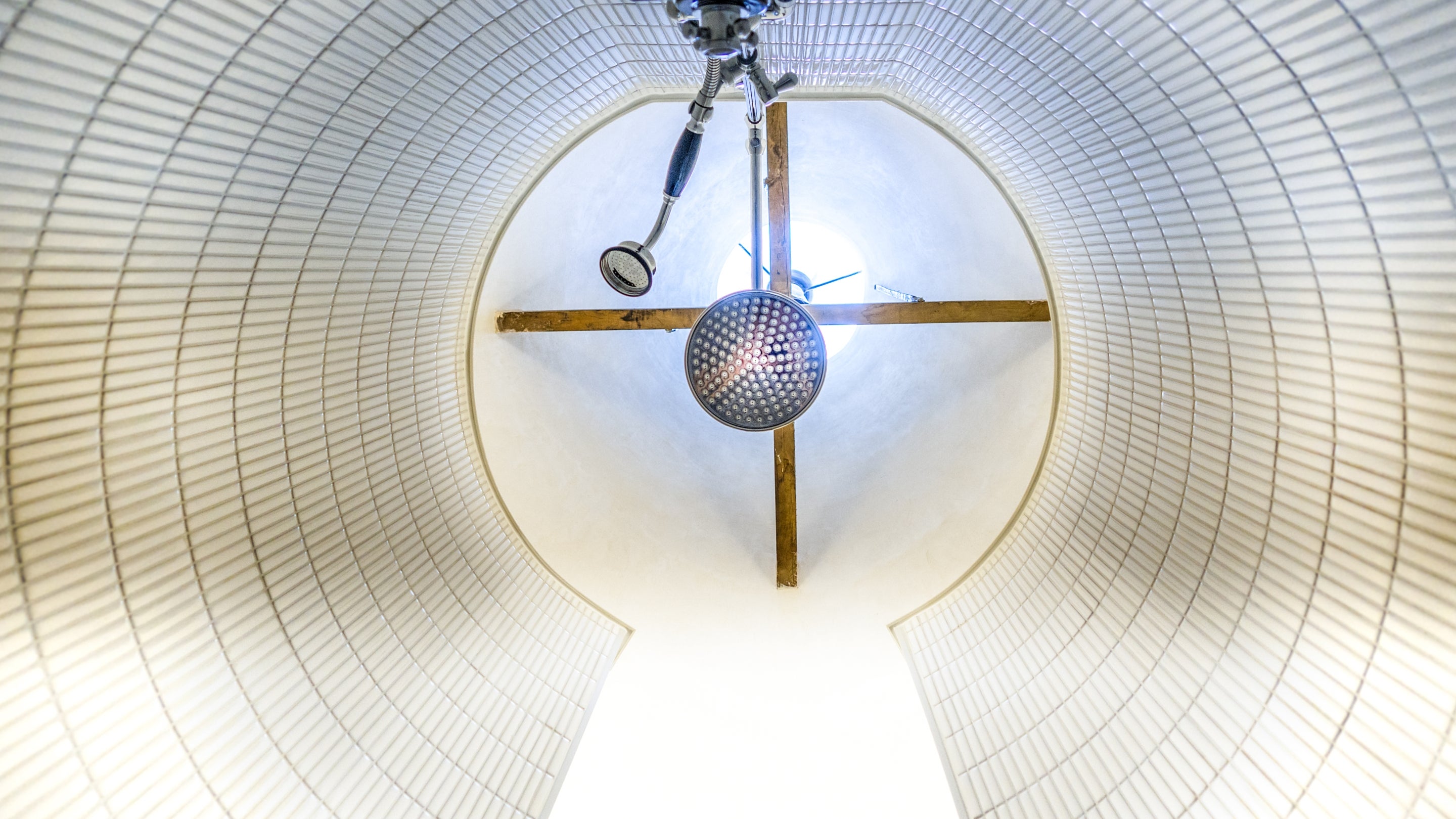 The view up into the kiln from the shower, at Hop Kiln Mews, Herefordshire