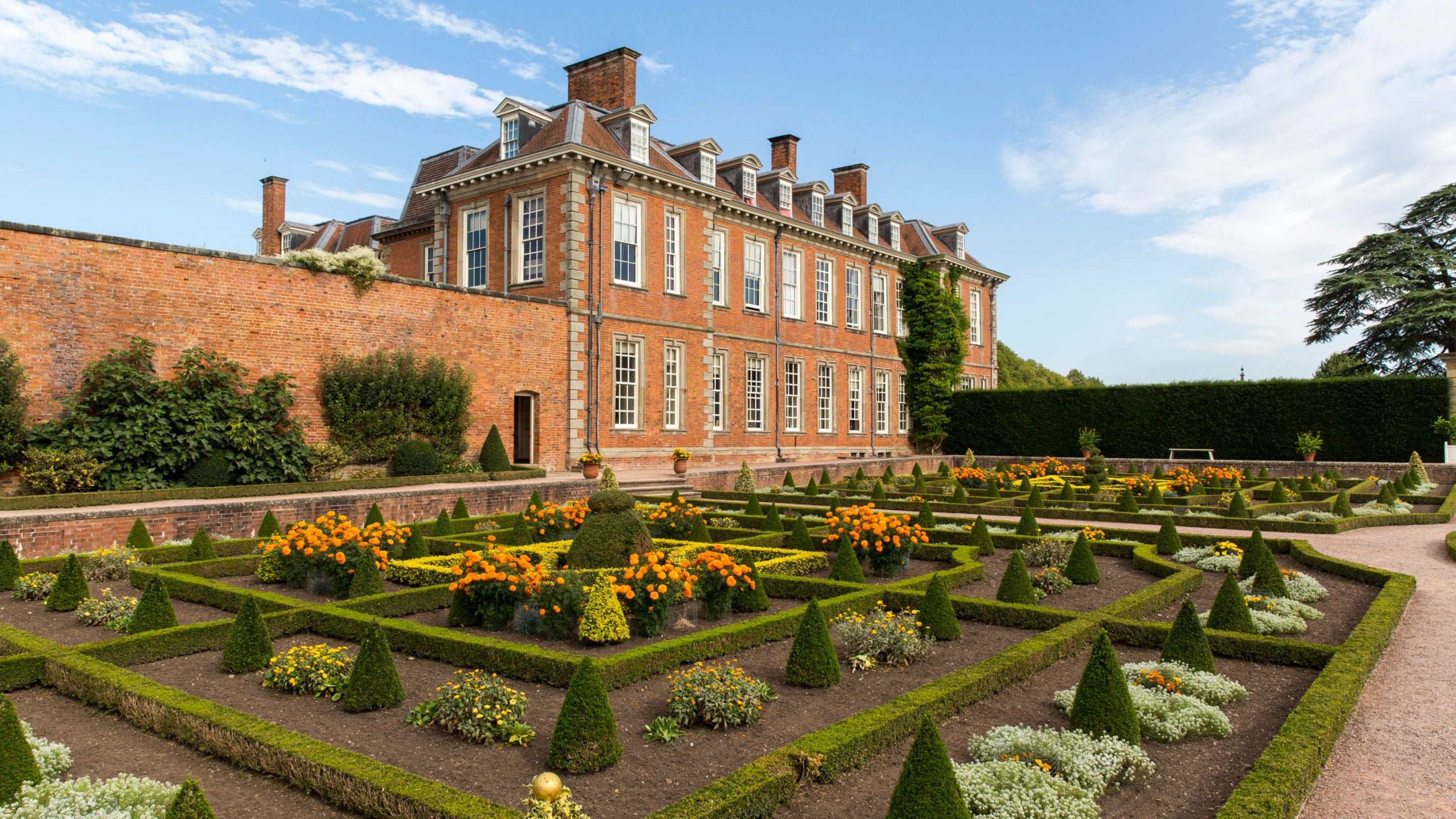 A view of the house and parterre garden at Hanbury Hall, Worcestershire