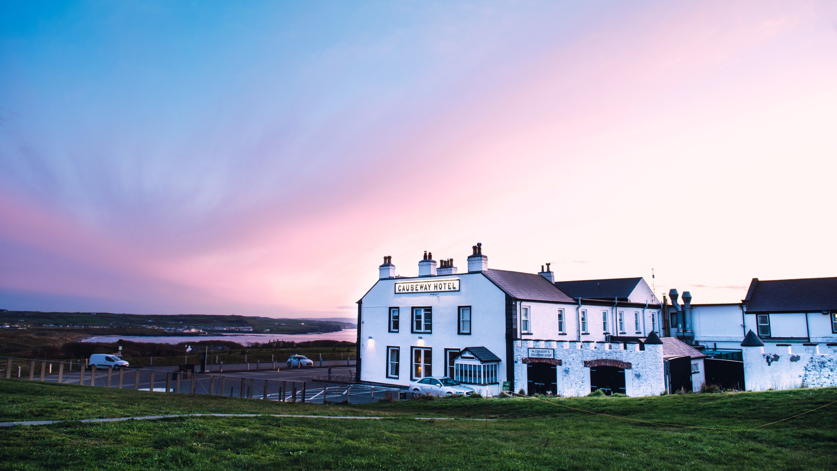 The Causeway Hotel at sunset, Northern Ireland