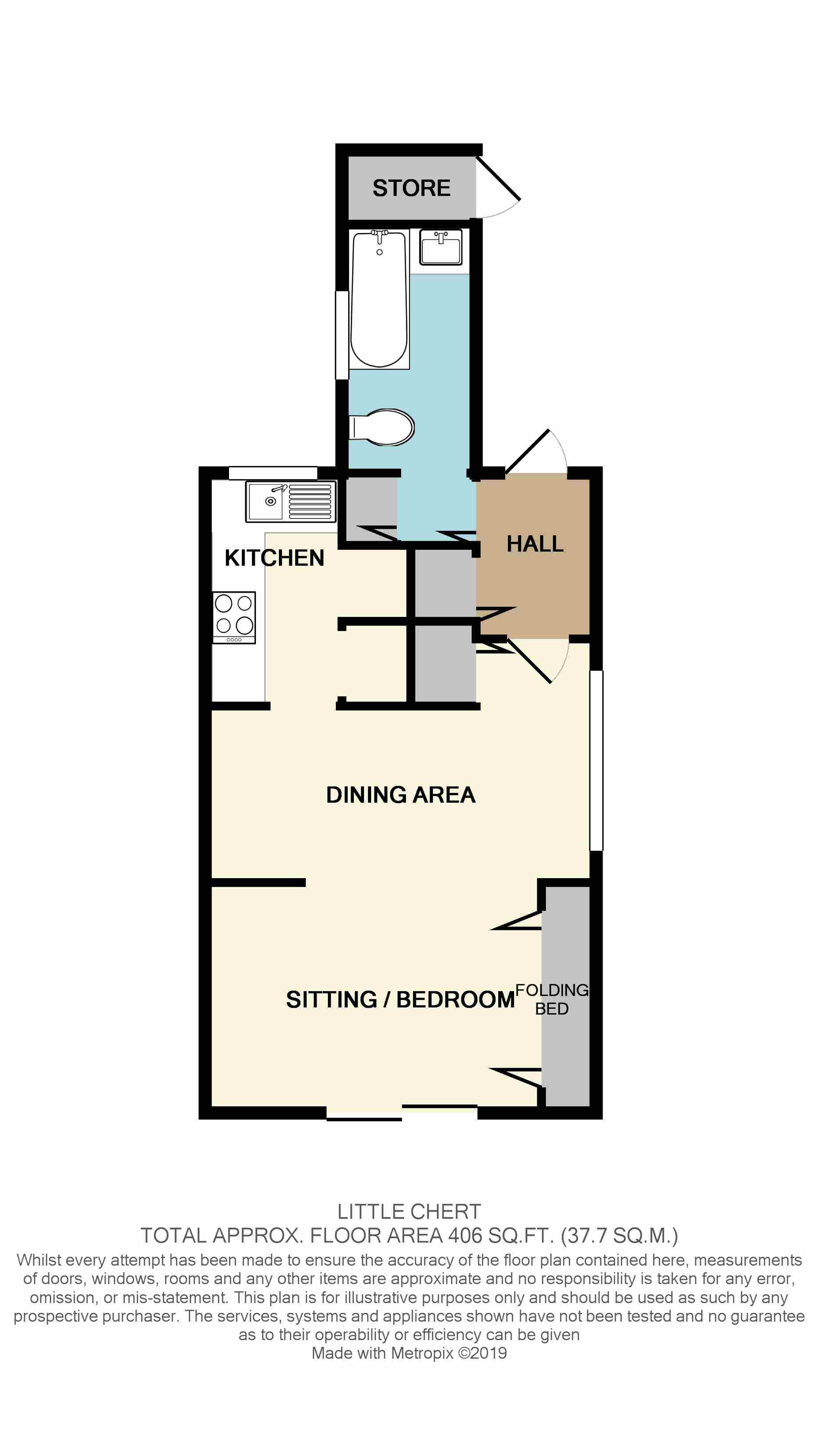 The floor plan for Little Chert, showing entrance hall, bathroom and open-plan living space with kitchen, dining area, sitting area and bed that folds down from the wall.