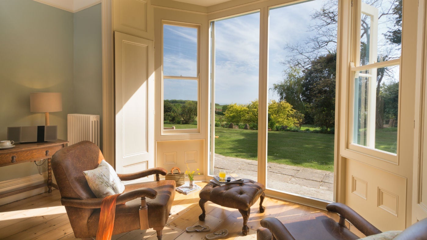 The large sitting room at Mottistone Manor Farmhouse, Mottistone, Isle of Wight
