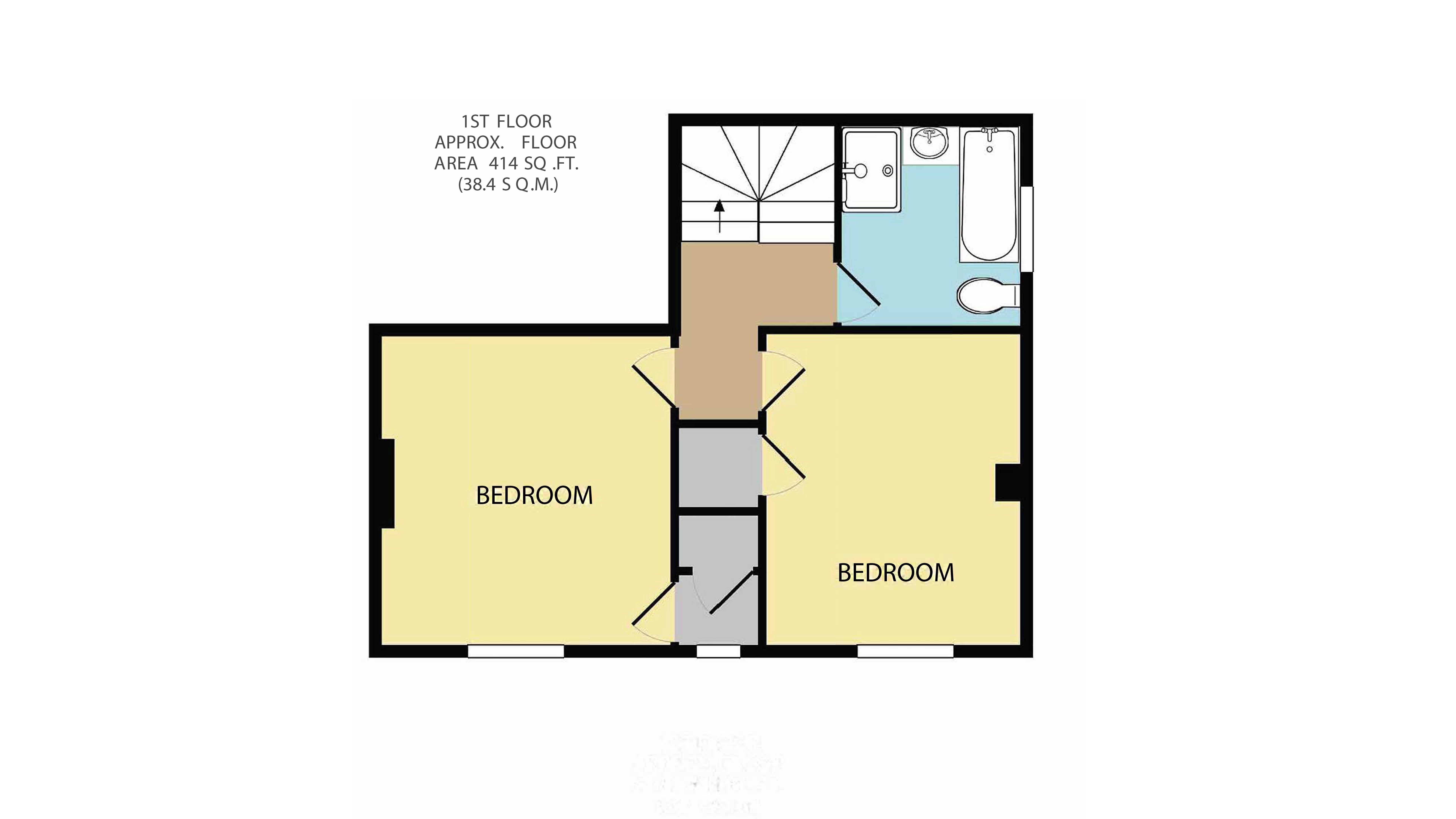 The first floor plan for Mottistone Rose Cottage, showing two bedrooms and bathroom