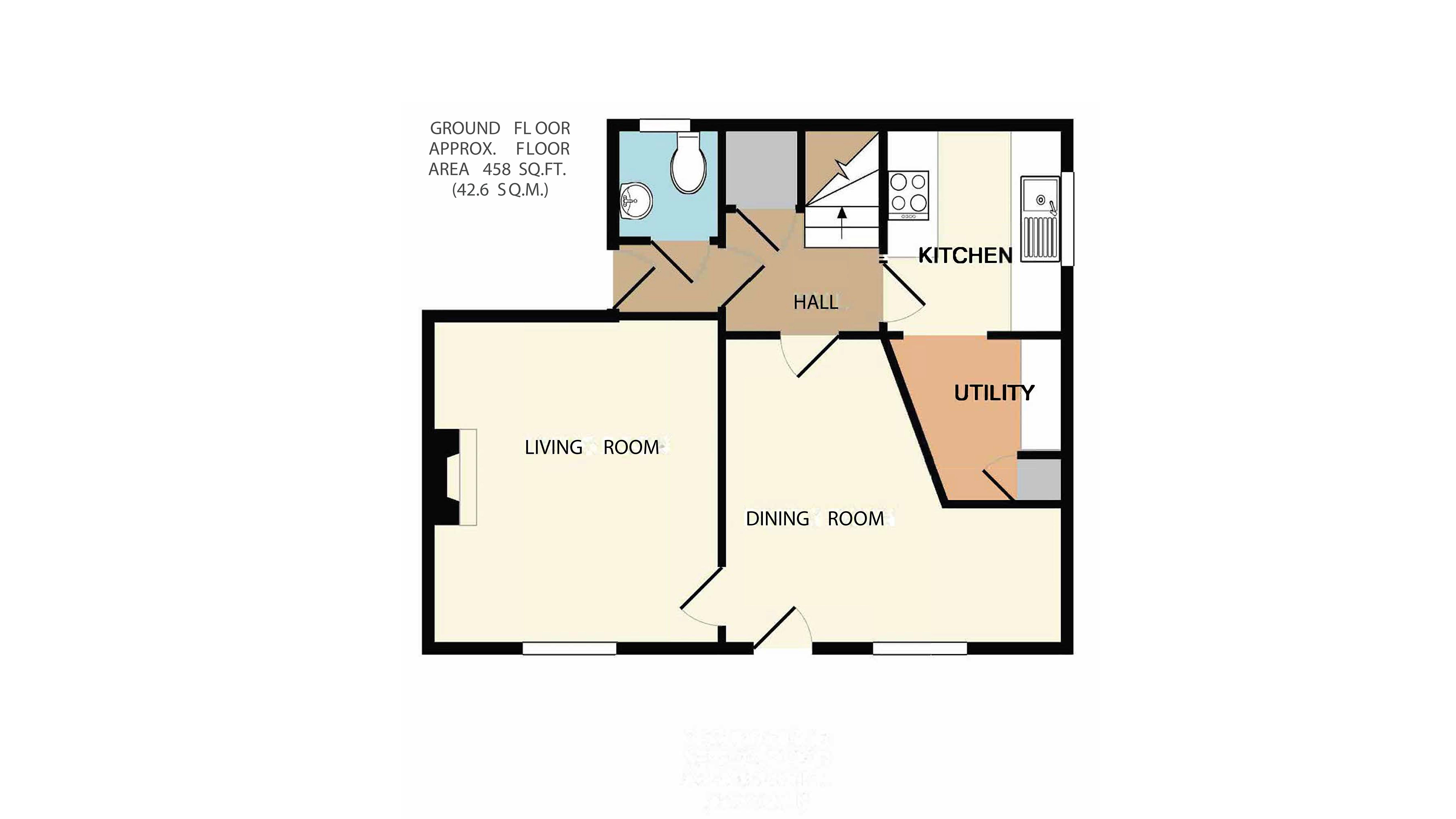 The ground floor plan for Mottistone Rose Cottage, showing living room, dining room, kitchem, utility room and toilet