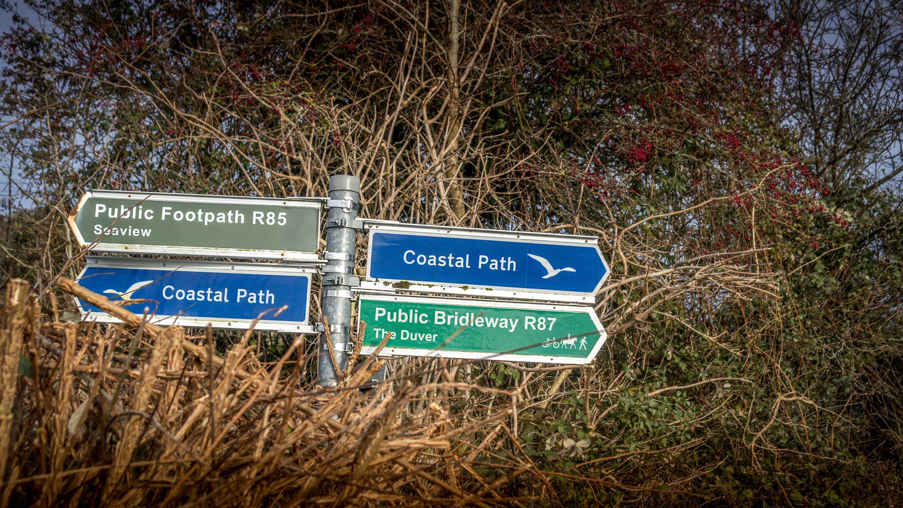 Coast path signs close to Old Church Lodge, Isle Of Wight