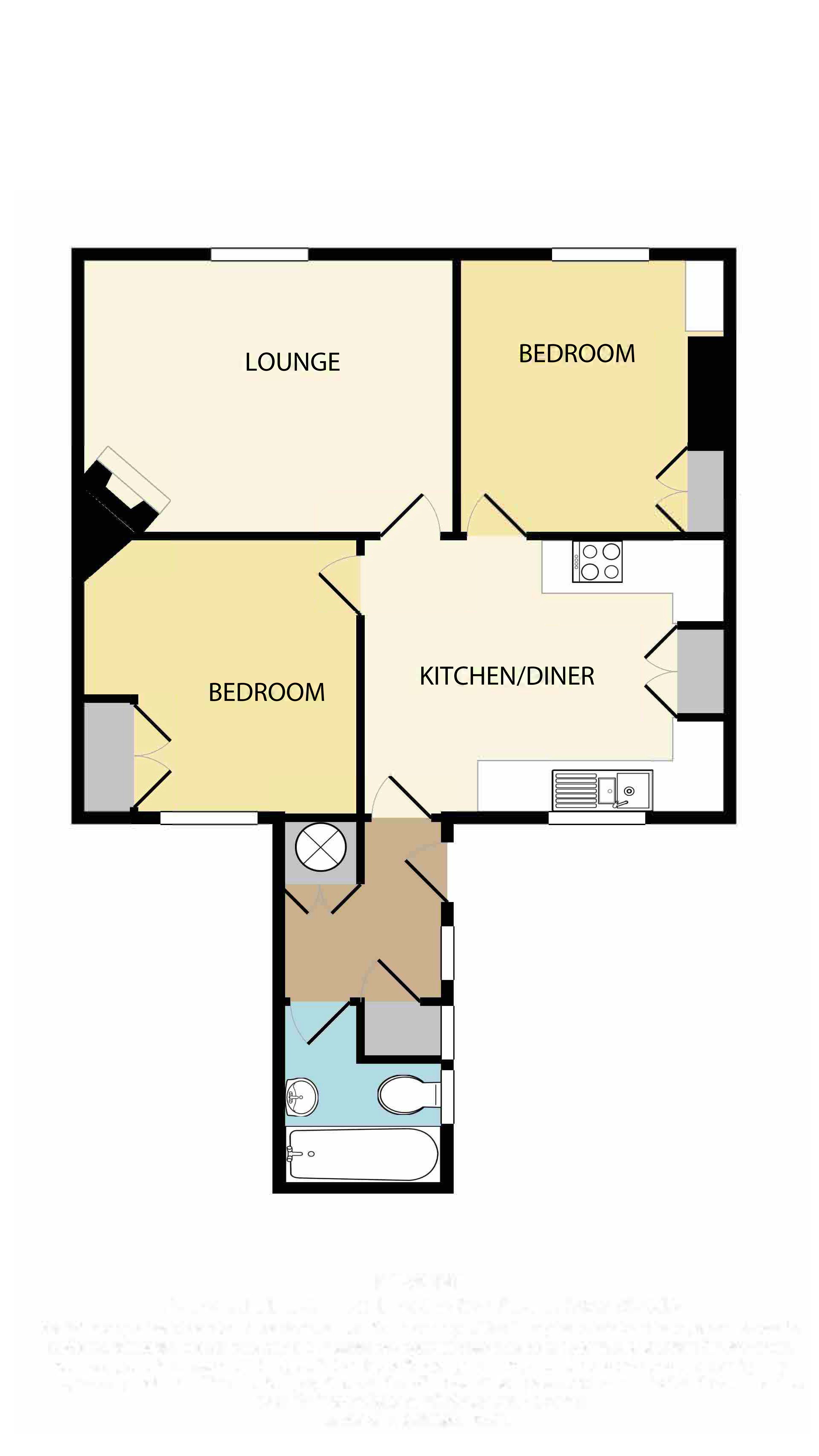 The floor plan for Pomone, showing kitchen-diner, sitting room, two bedrooms and bathroom.