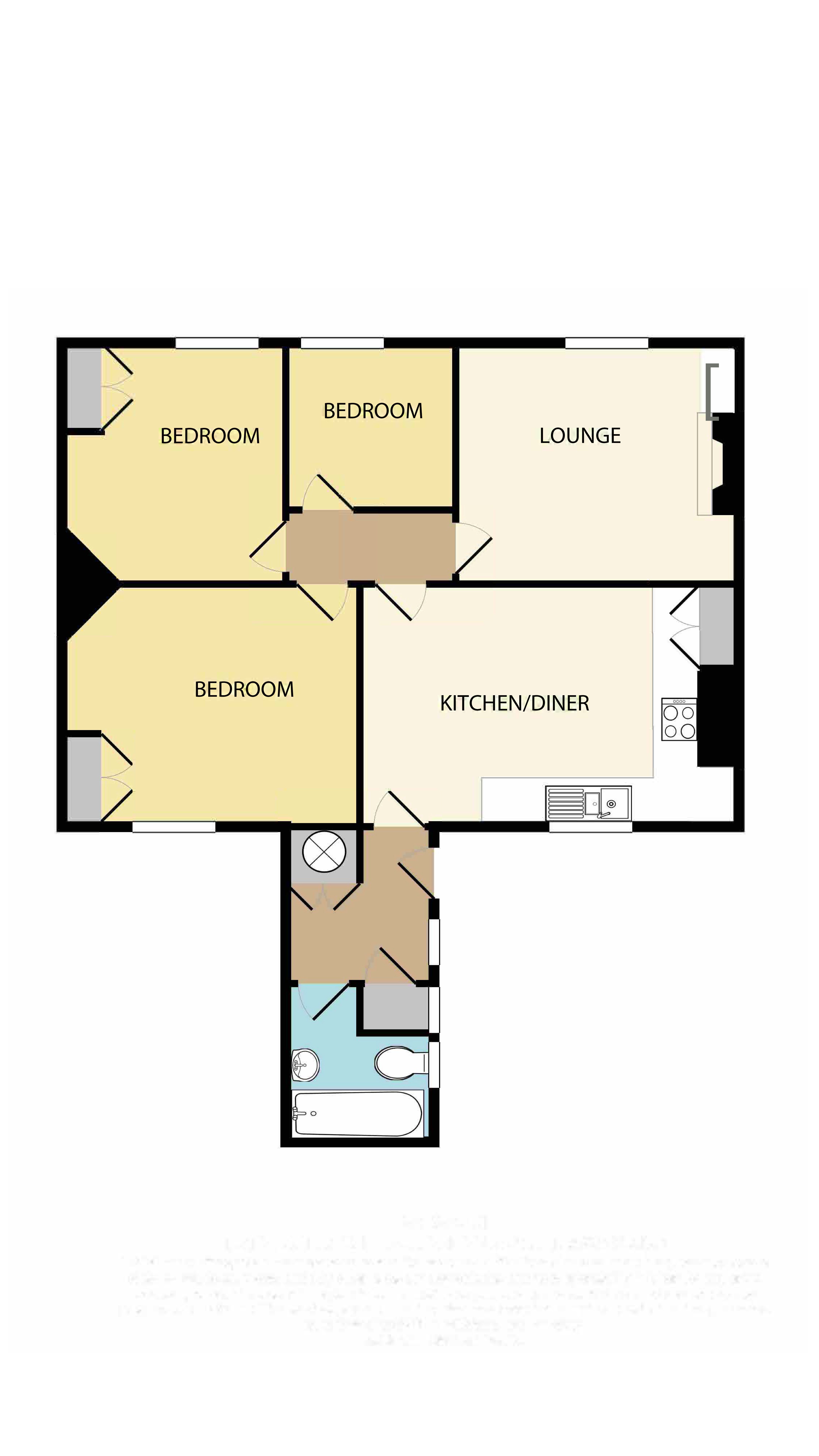 The floor plan for Varvassi, showing the ground floor with hall, bathroom, kitchen-diner, sitting room, inner hall and three bedrooms.