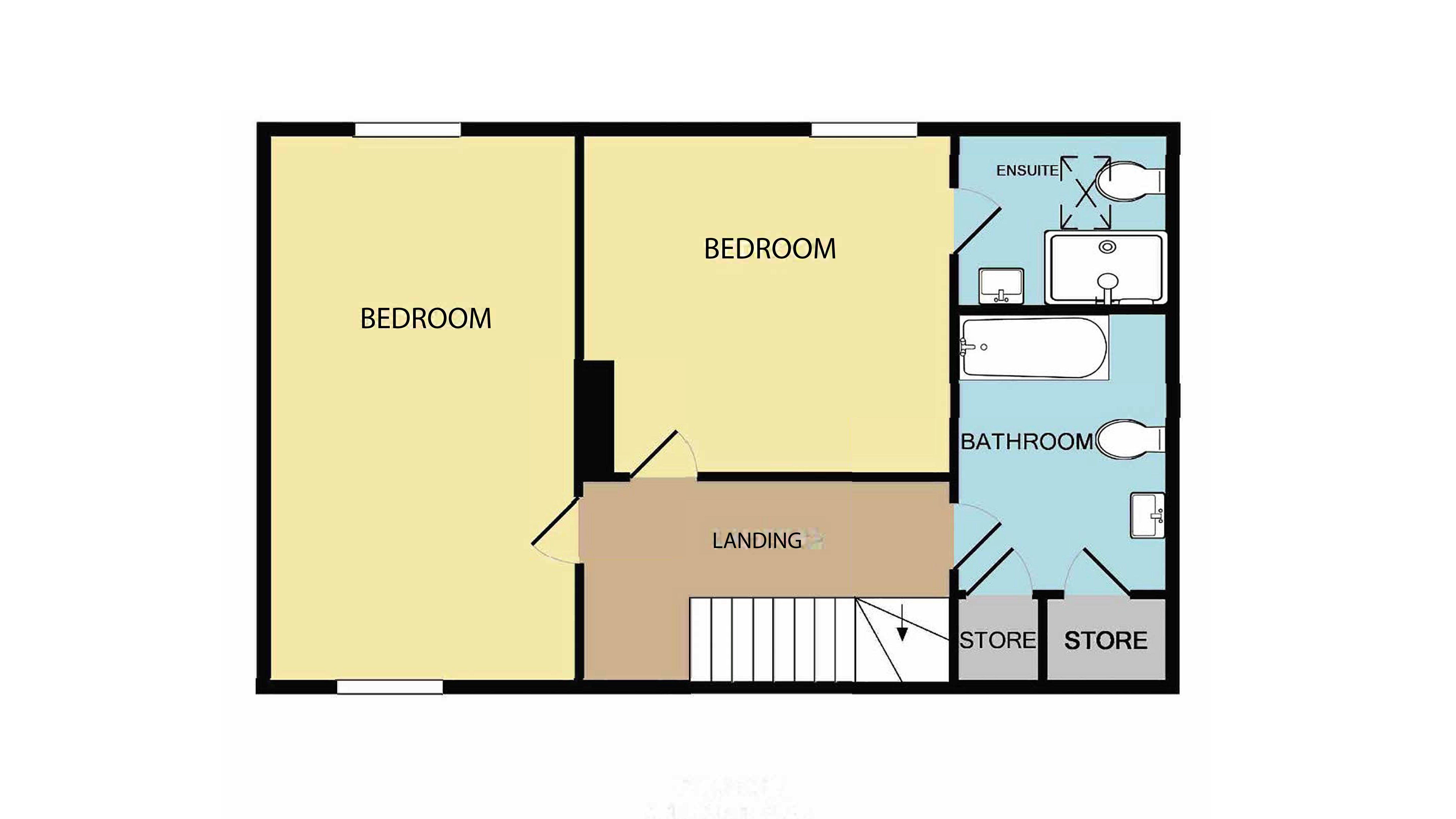 The first floor plan for Wydcombe Cottage, showing a bedroom with en-suite shower room, another bedroom and bathroom.