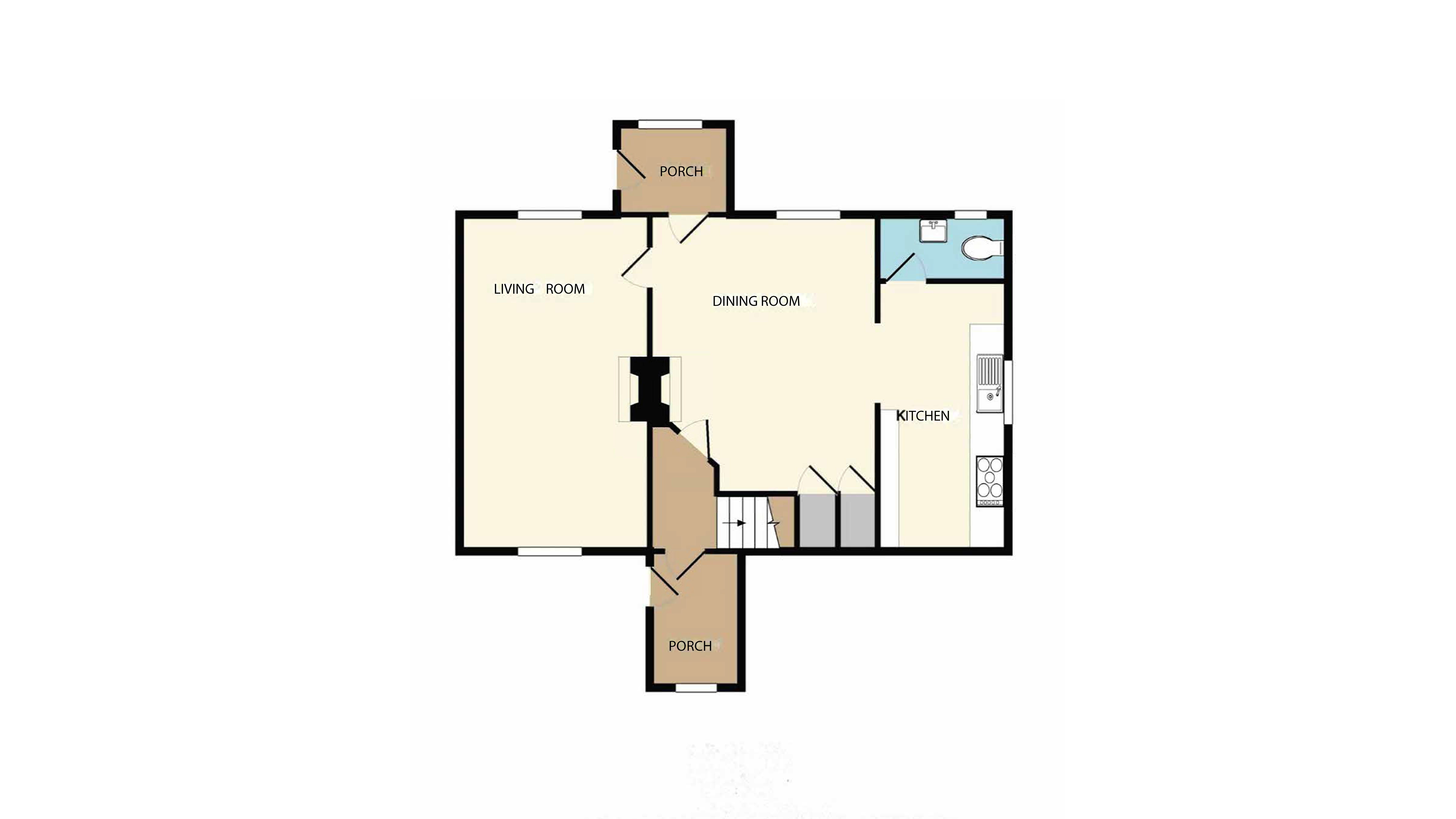 The ground floor plan for Wydcombe Cottage, showing a front and back porch, dining room, kitchen and sitting room.