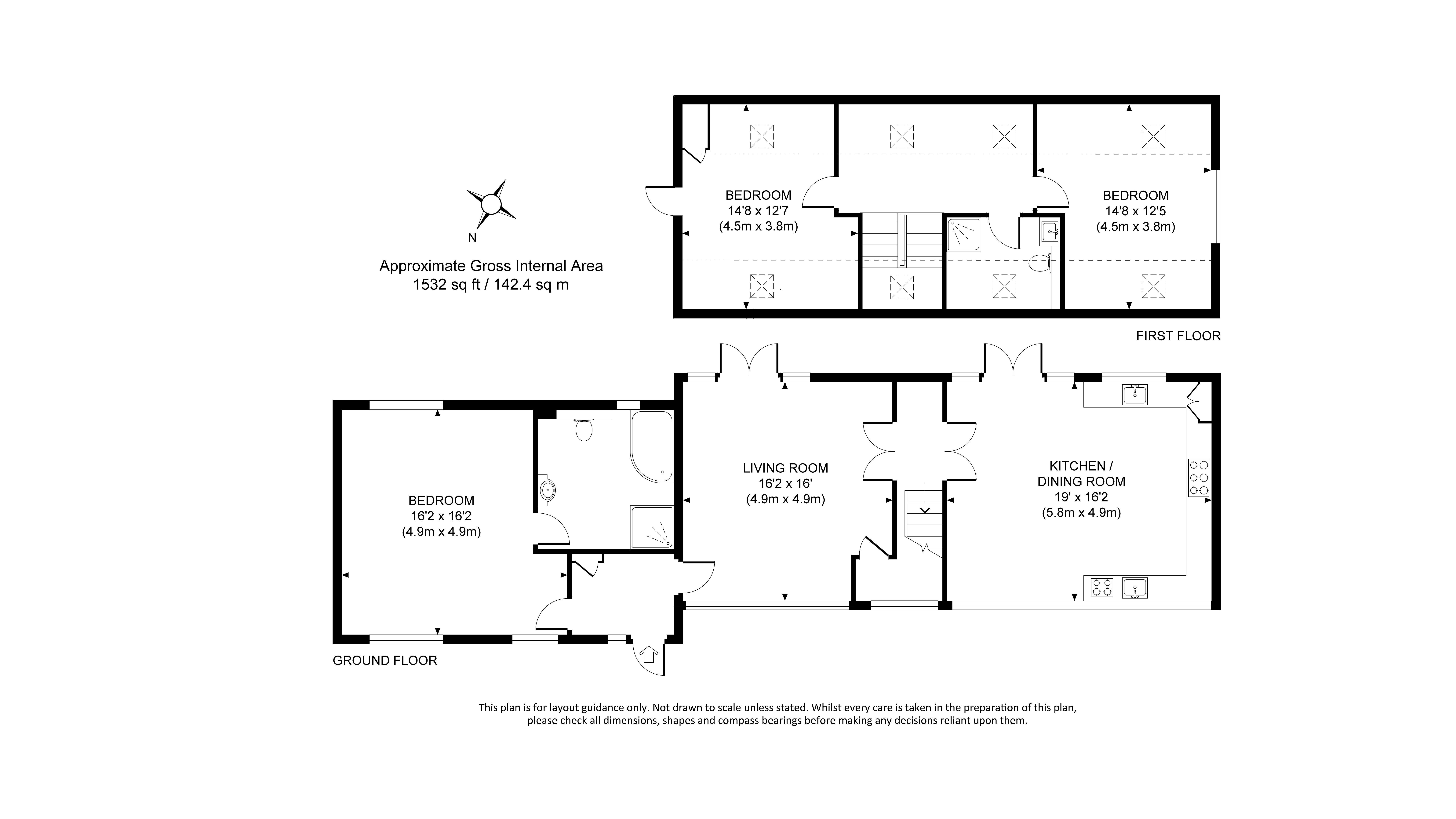 The floor plan for 1 Bagden Farm Cottage, showing the ground floor with bedroom, en-suite shower room, sitting room and kitchen, and first floor with two bedrooms and shower room