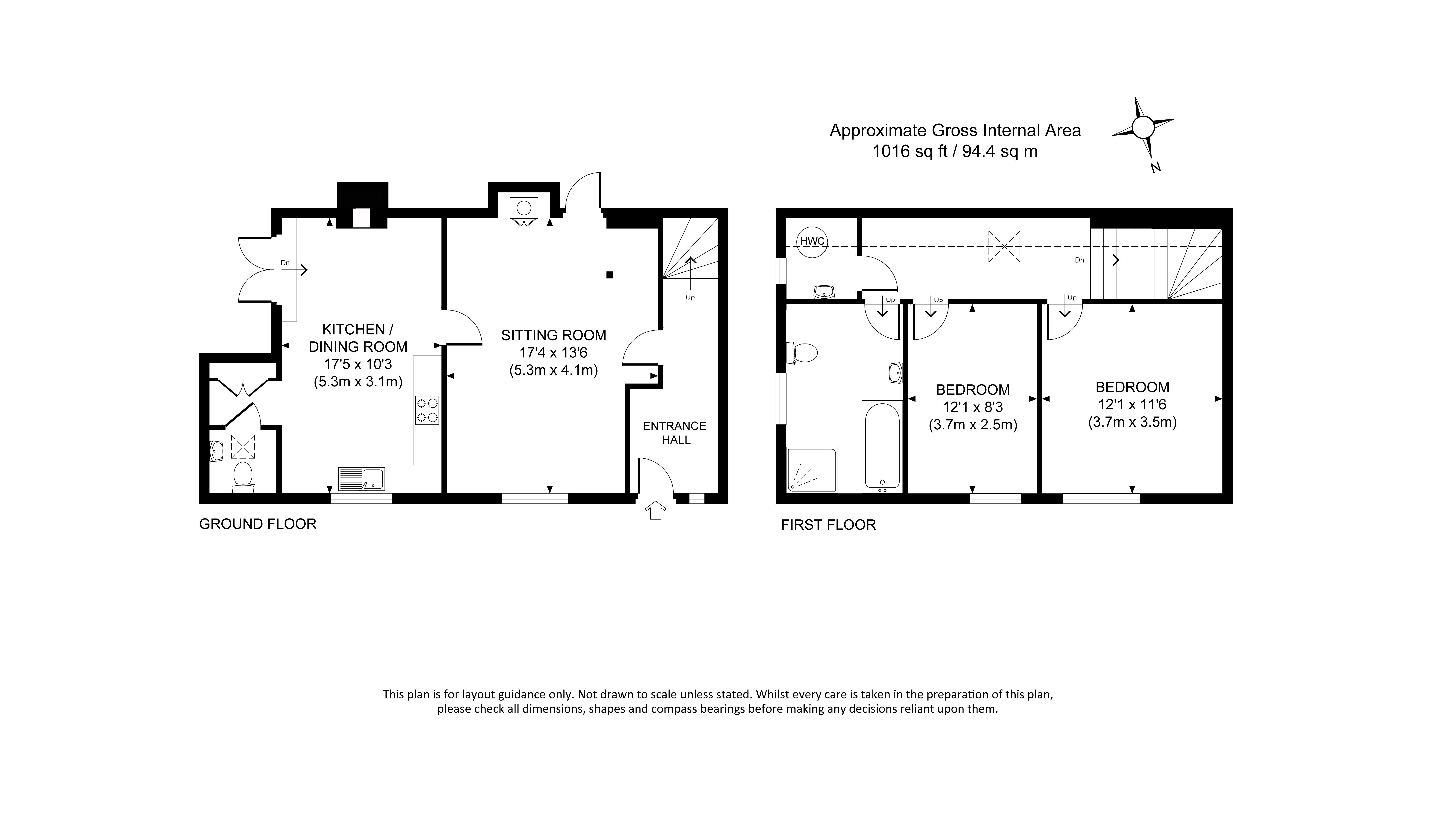 The floor plan for 2 Bettenham Cottages, showing the ground floor with sitting room, kitchen and toilet, and the first floor with two bedrooms and bathroom