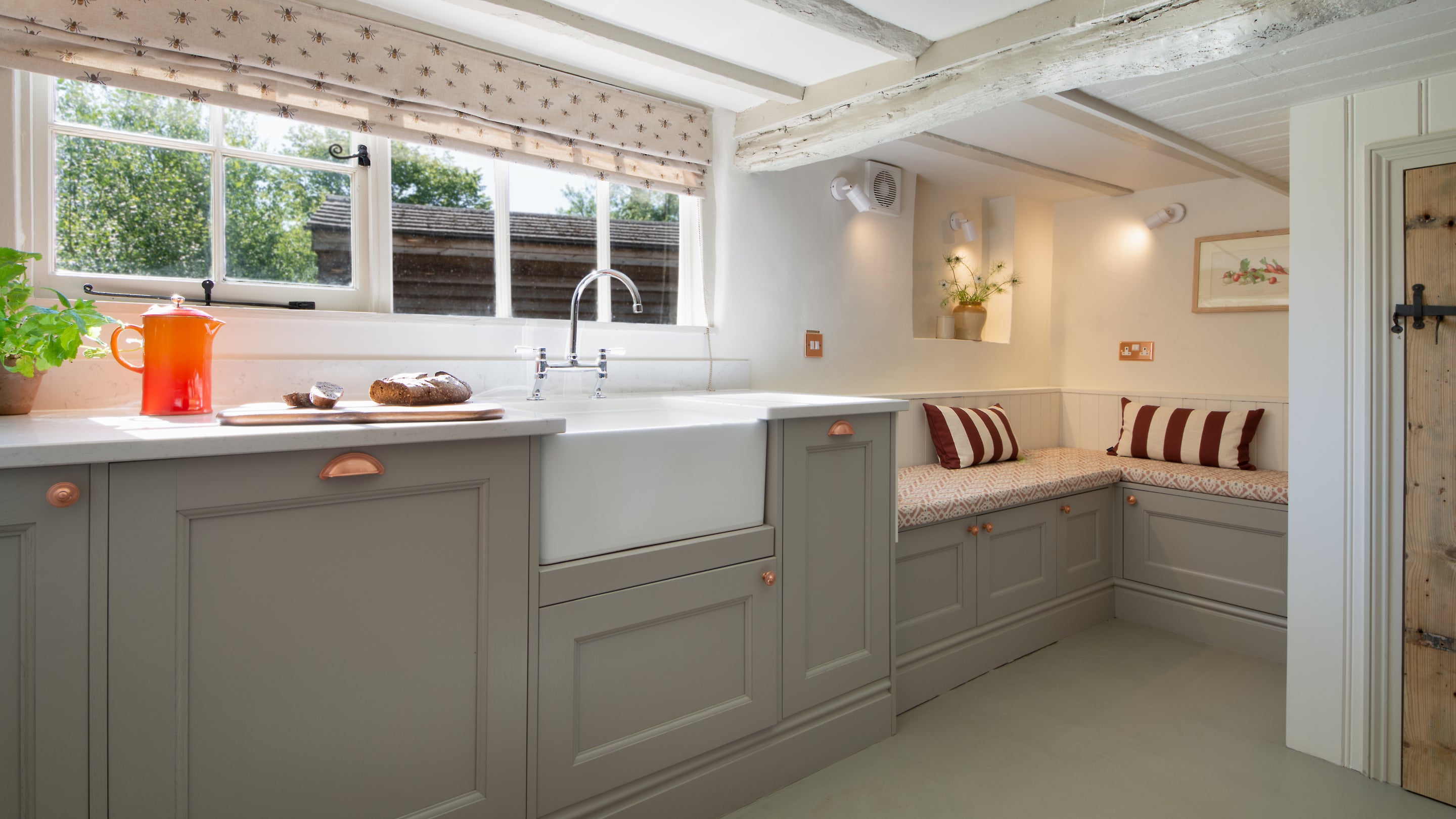 The corner snug in the kitchen at Chodds Farmhouse, West Sussex