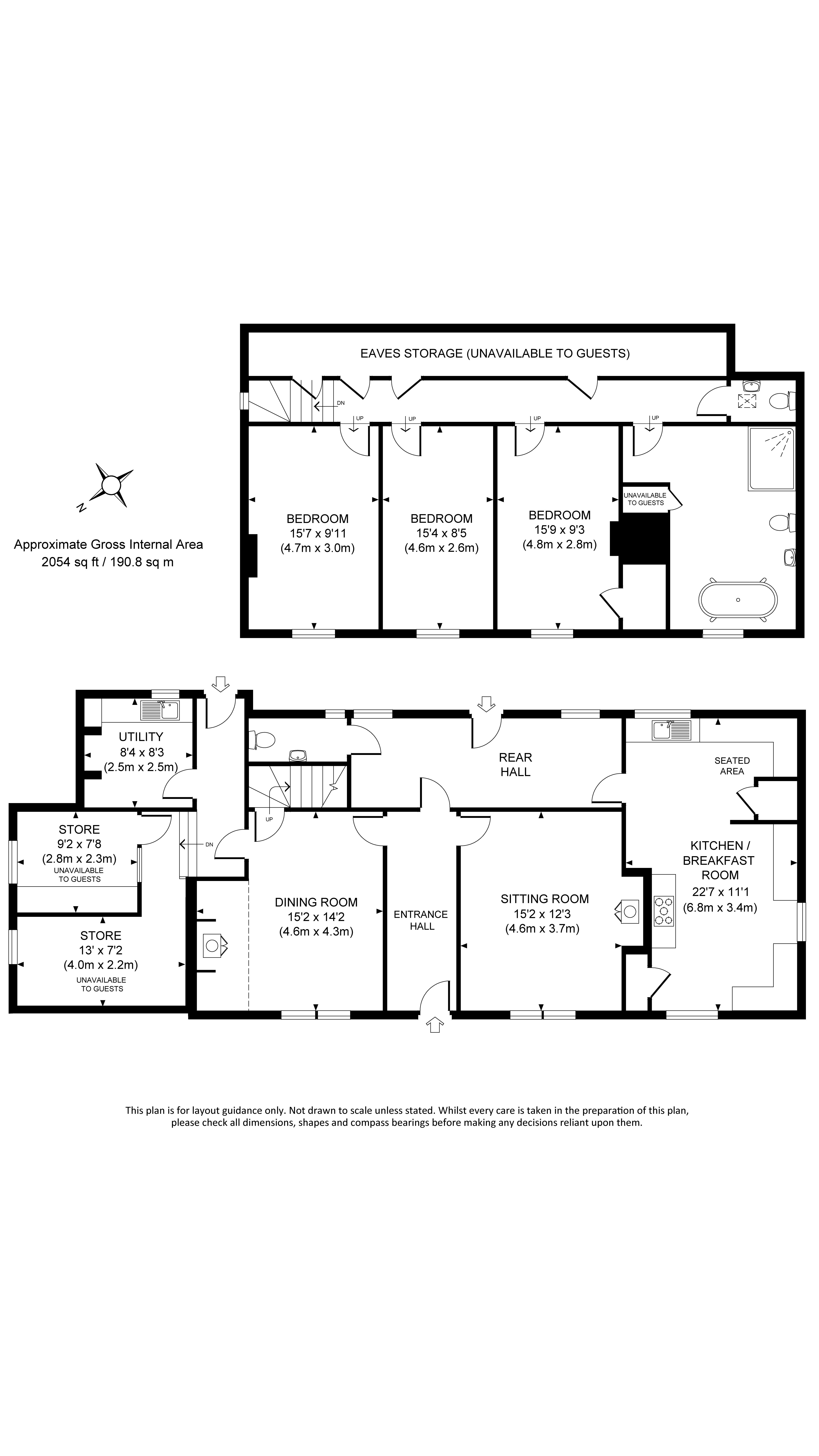 The floor plan for Chodds Farmhouse with ground floor showing sitting room, dining room, kitchen, utility room and toilet, and the first floor showing three bedrooms and bathroom.
