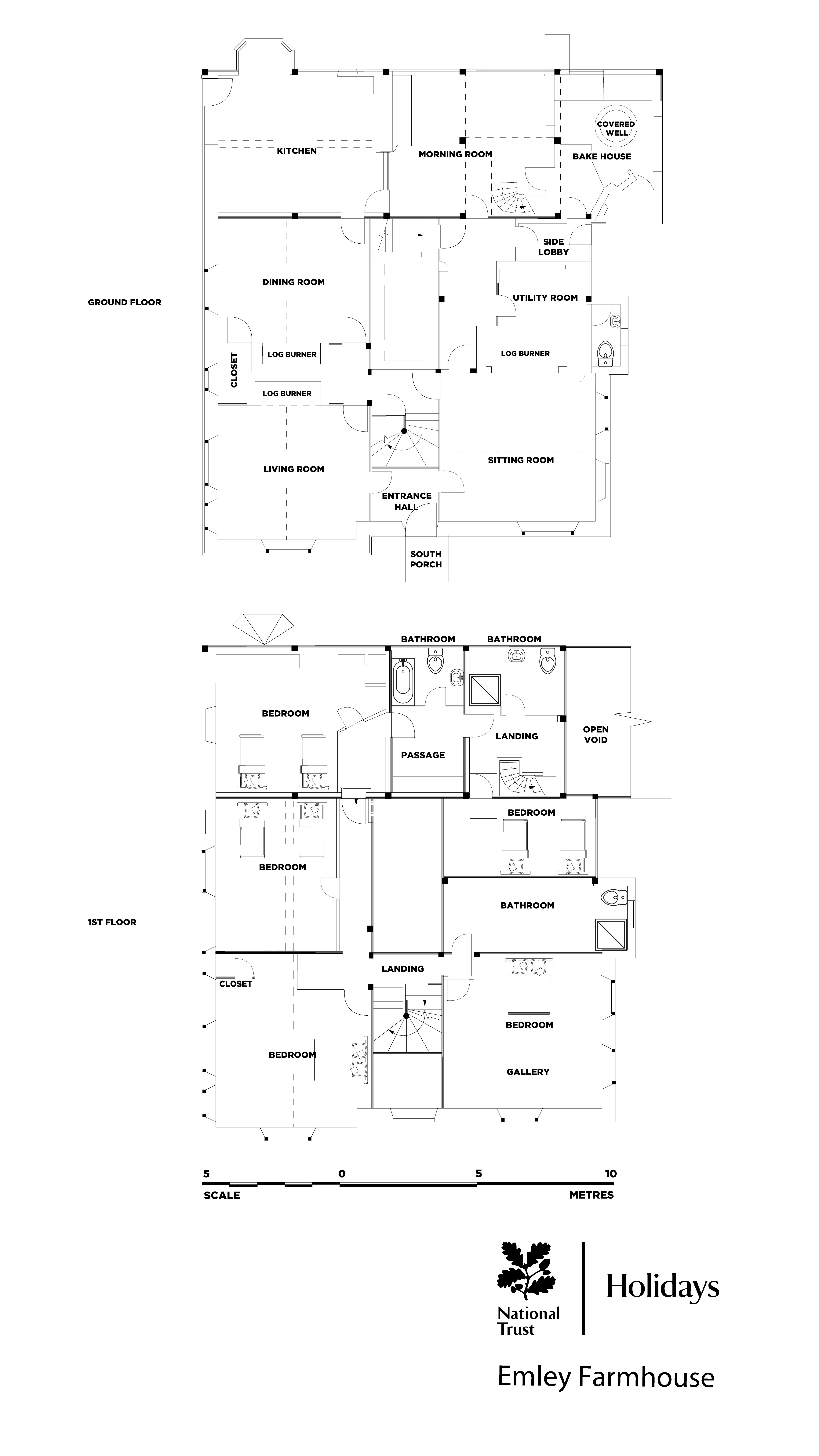 The floor plan for Emley Farmhouse, showing the ground floor's living spaces, and the first floor's bedrooms and bathrooms