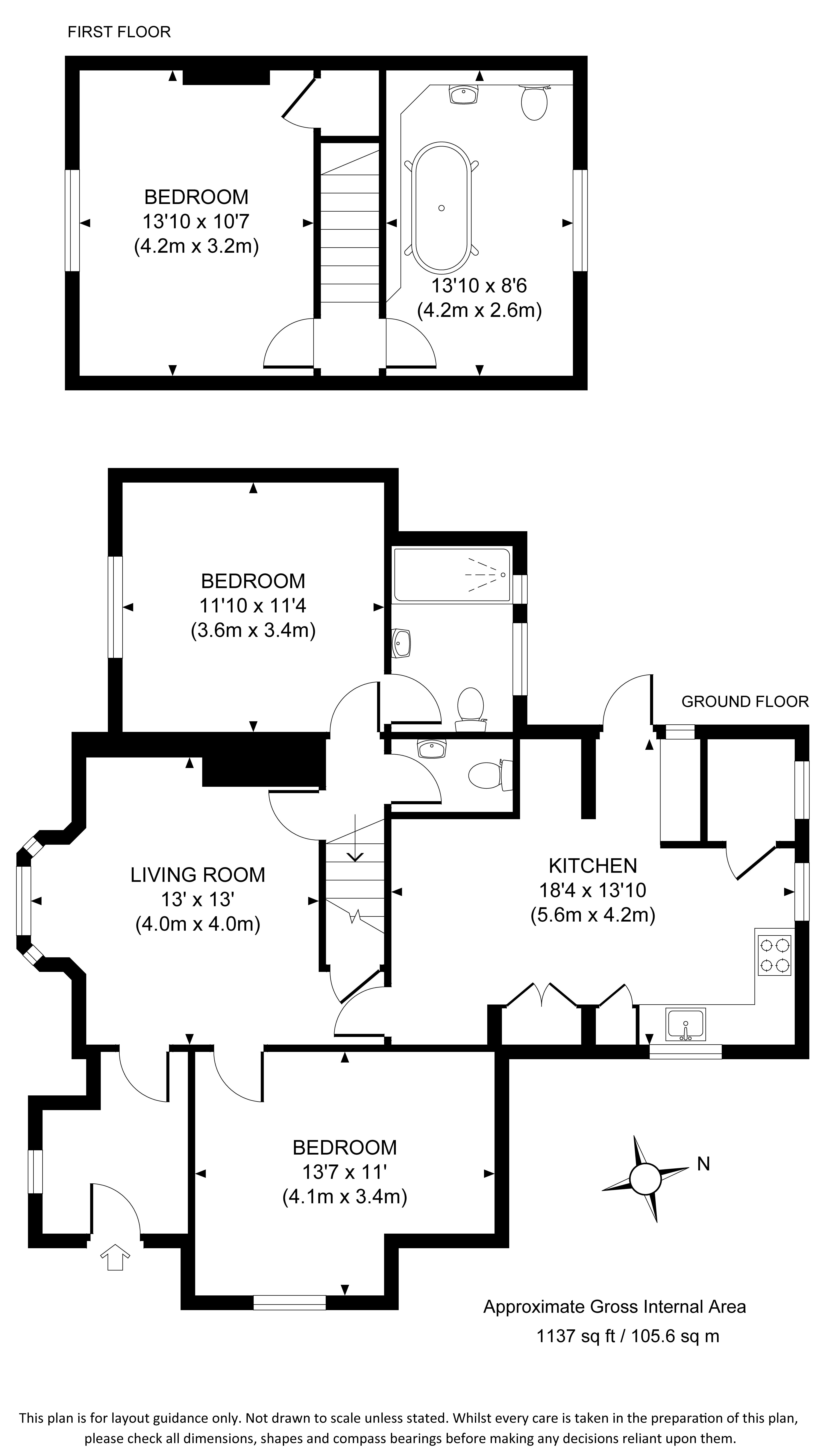 The floor plan for Polesden Garden Cottage, showing ground floor with porch, sitting room, kitchen and dining room, toilet, one bedroom with en-suite shower room and a further bedroom, and the first floor with bedroom and bathroom.