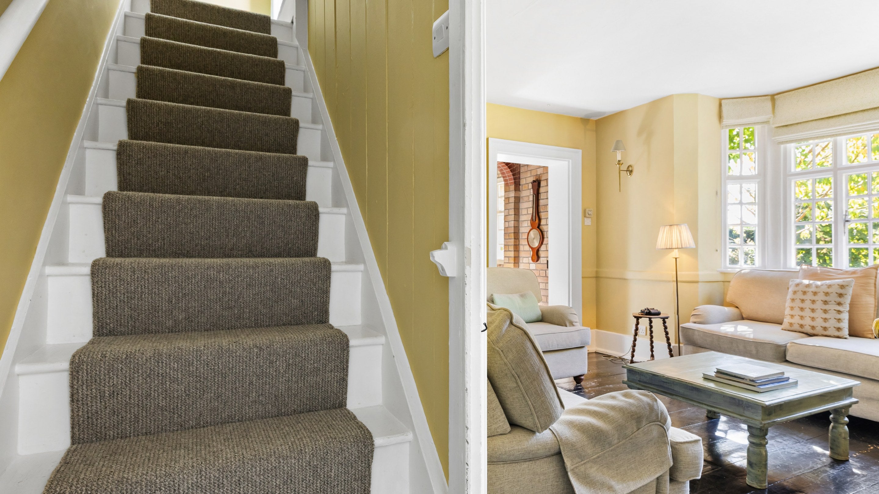 The stairs and open door to the sitting room at Polesden Garden Cottage, Surrey