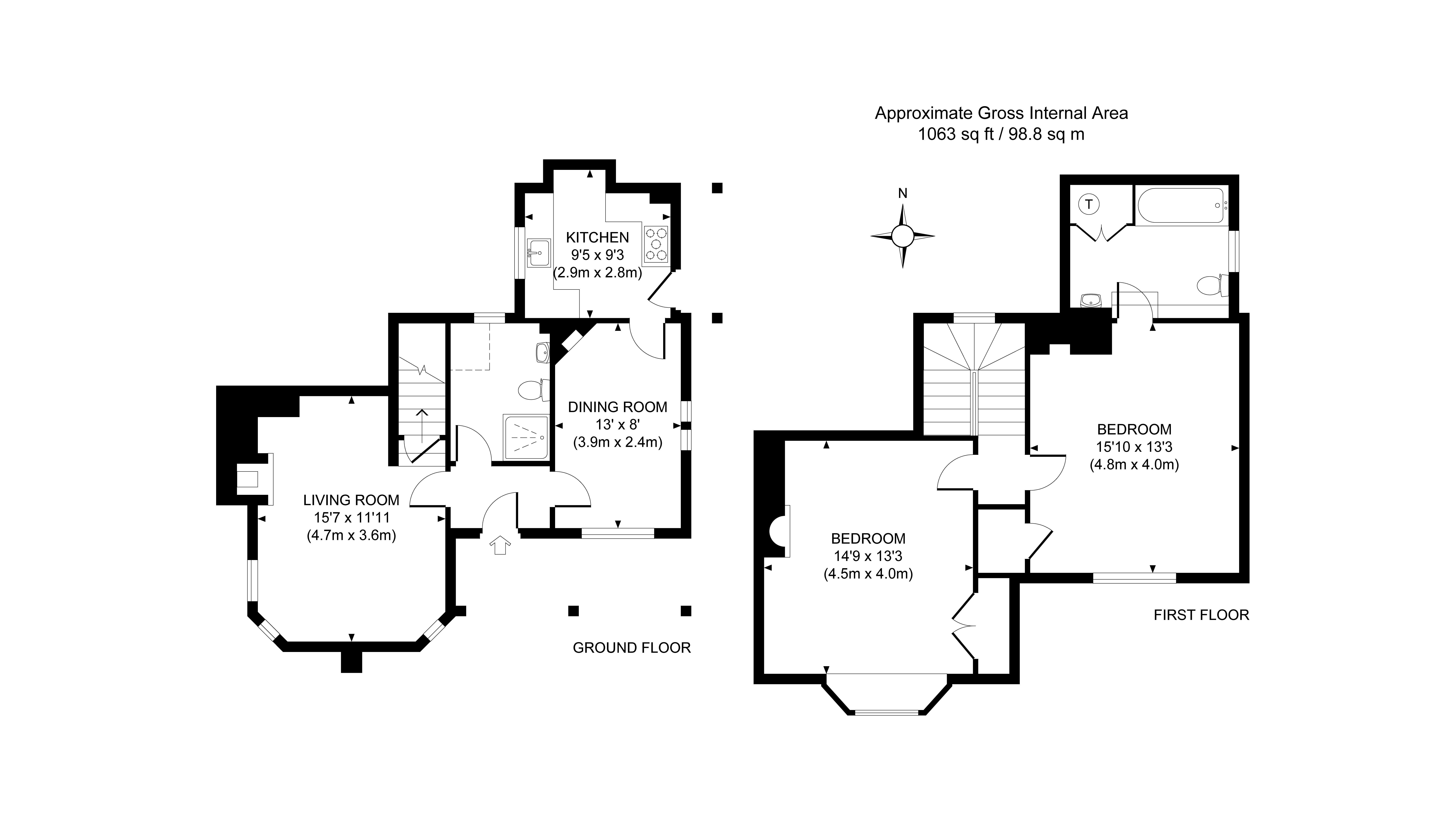The floor plan for Scotney West Lodge, showing the ground floor with kitchen, dining room, sitting room and shower room, and first floor with two bedrooms, one with en-suite bathroom.