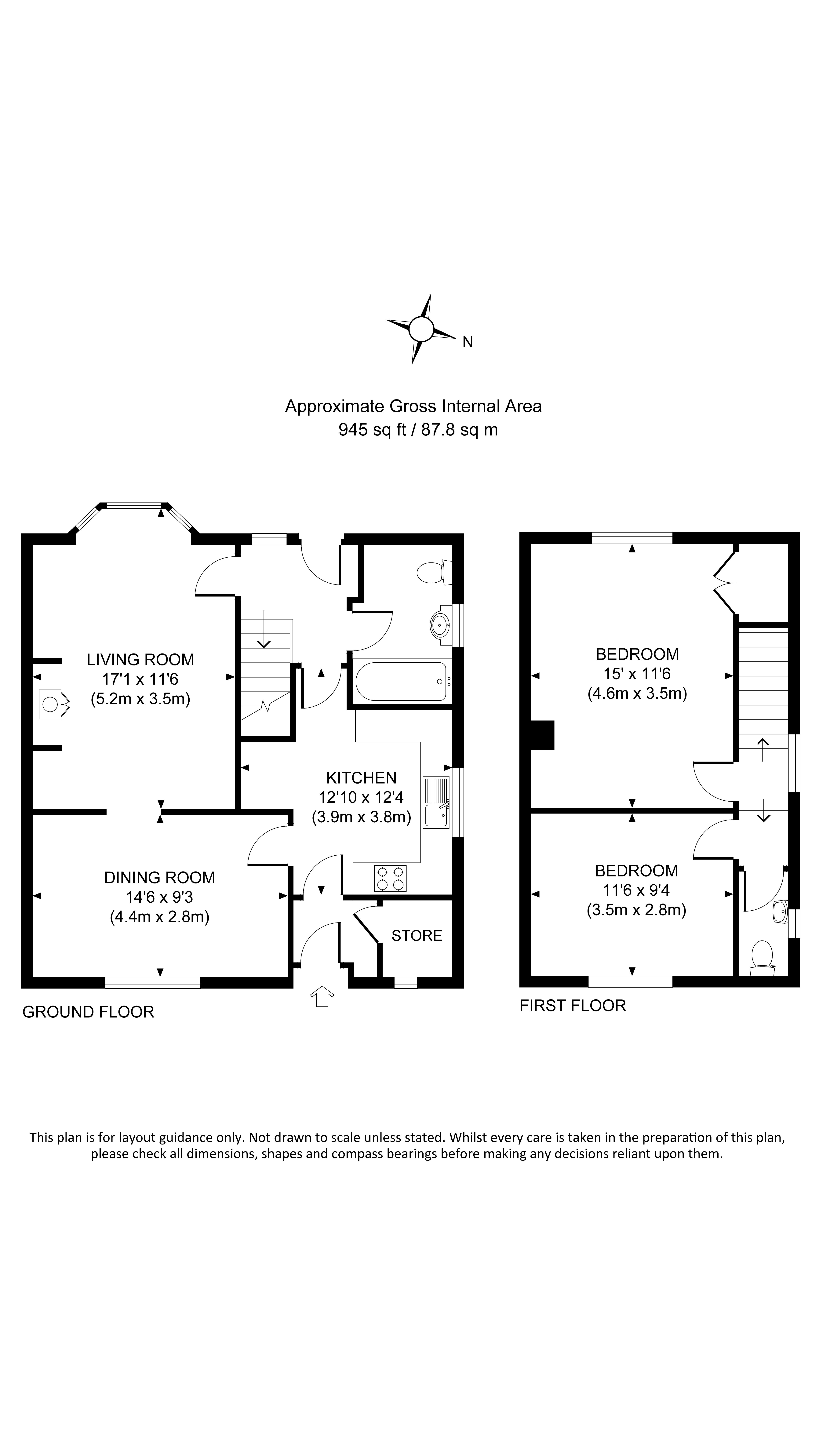 The floor plan for Welbeck Cottage, showing the ground floor with porch, kitchen, dining room, sitting room and bathroom, and first floor with two bedrooms and toilet.