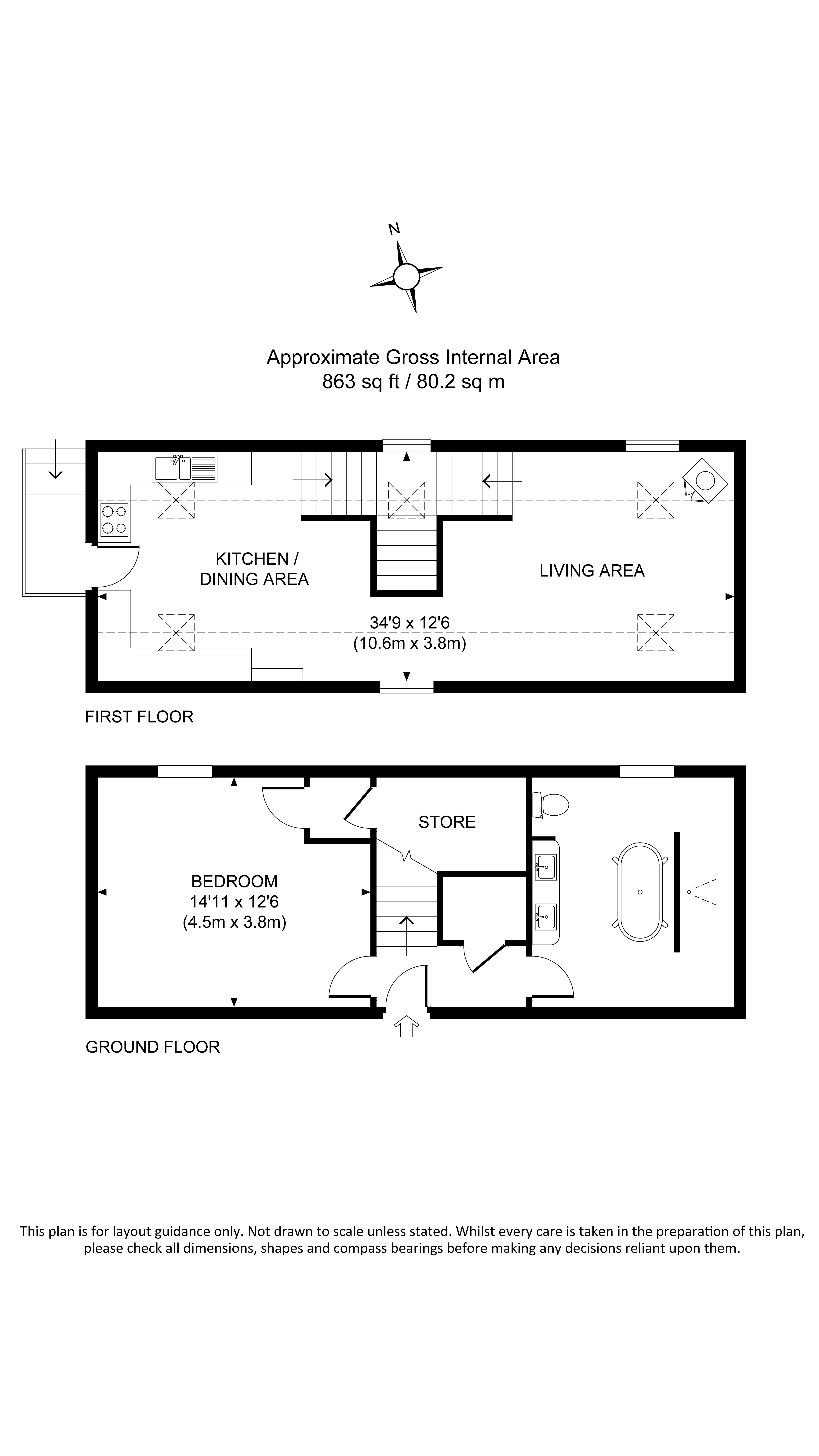 The floor plan for Yew Tree Barn, showing the ground floor with bedroom and bathroom, and the first floor with open-plan kitchen, dining and sitting room, and external door to external stairs.