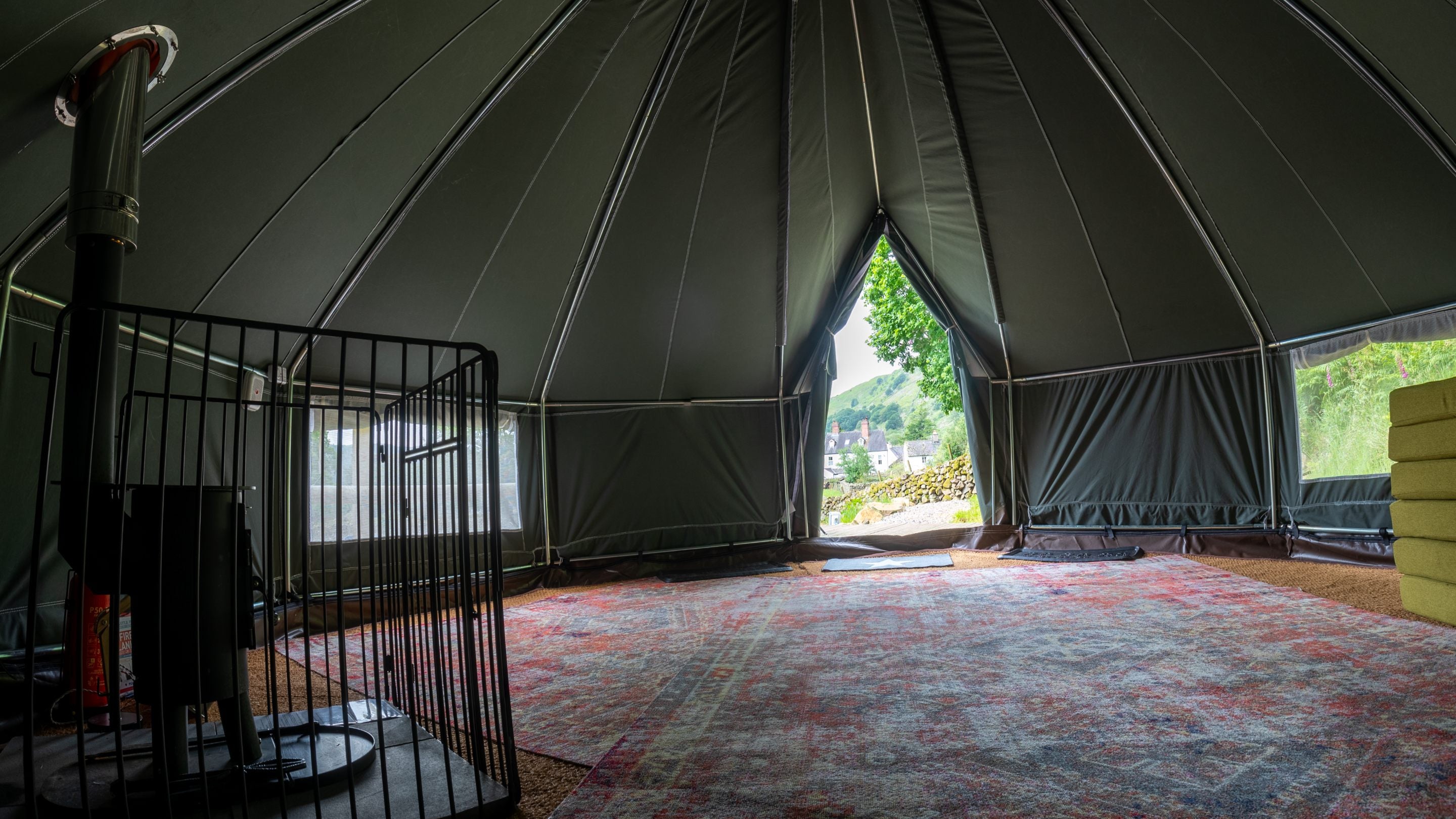The interior of a bell tent at Eskdale Campsite, Cumbria