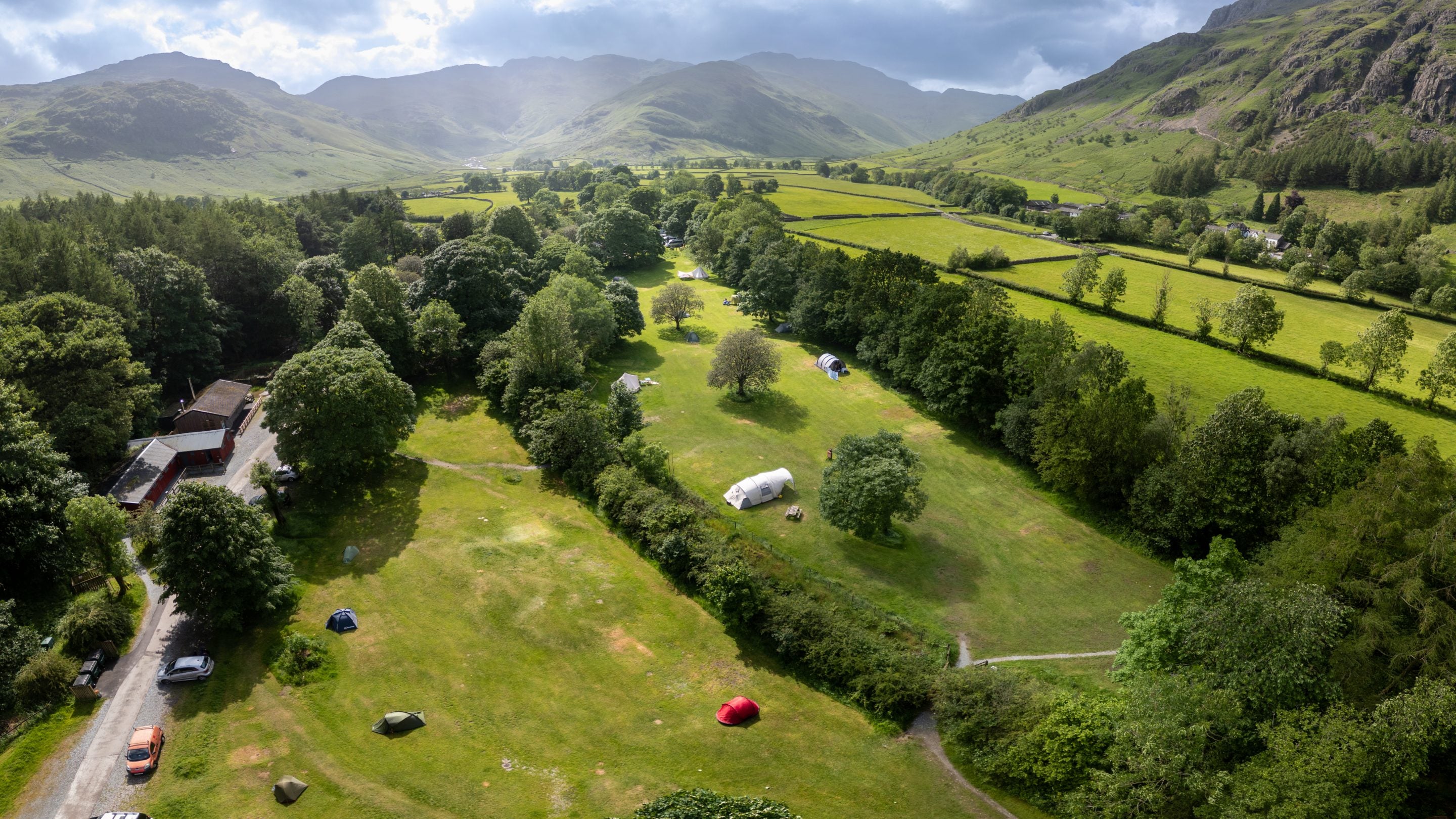 An aerial view of Great Langdale Campsite, Cumbria