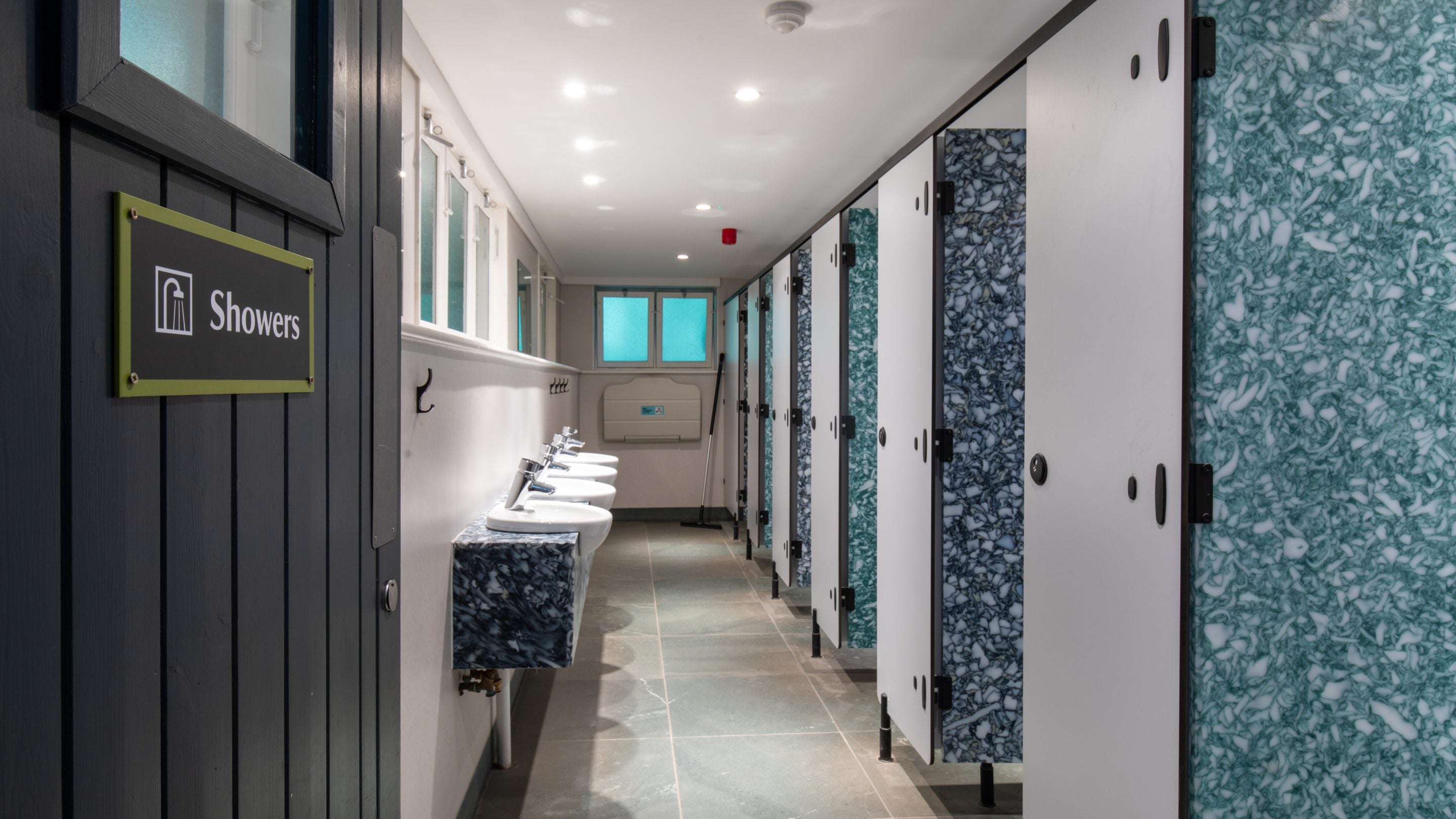 Showers in one of the facilities blocks at Great Langdale Campsite, Cumbria