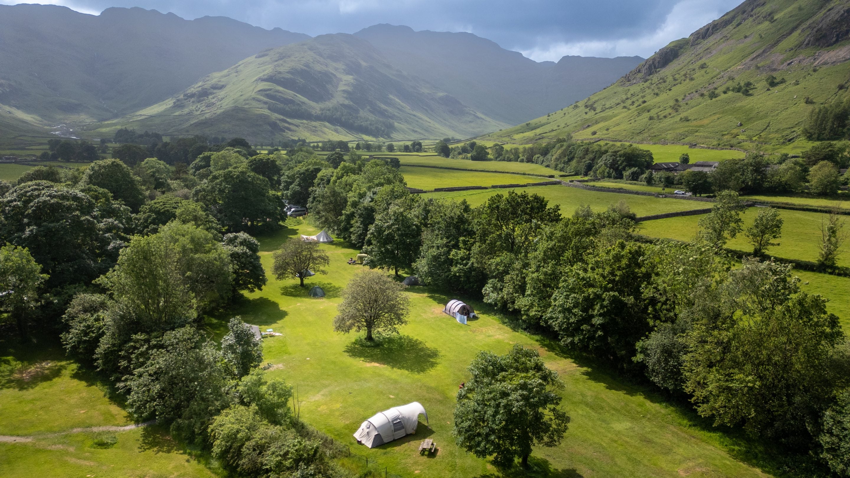 An aerial view of Great Langdale Campsite, Cumbria