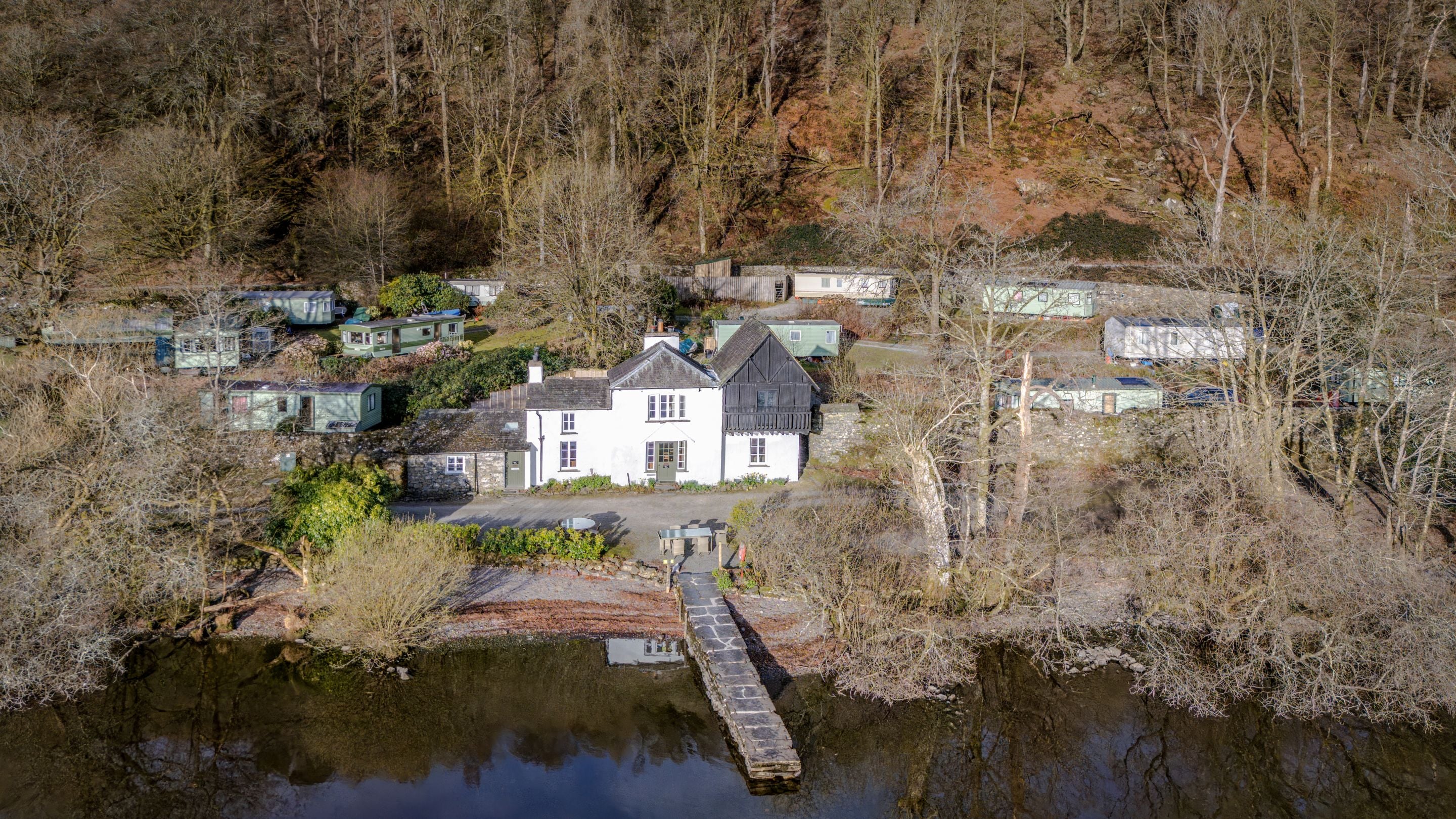 An aerial view of Low Strawberry Gardens (on the left) and High Strawberry Gardens (on the right), Windermere, Cumbria