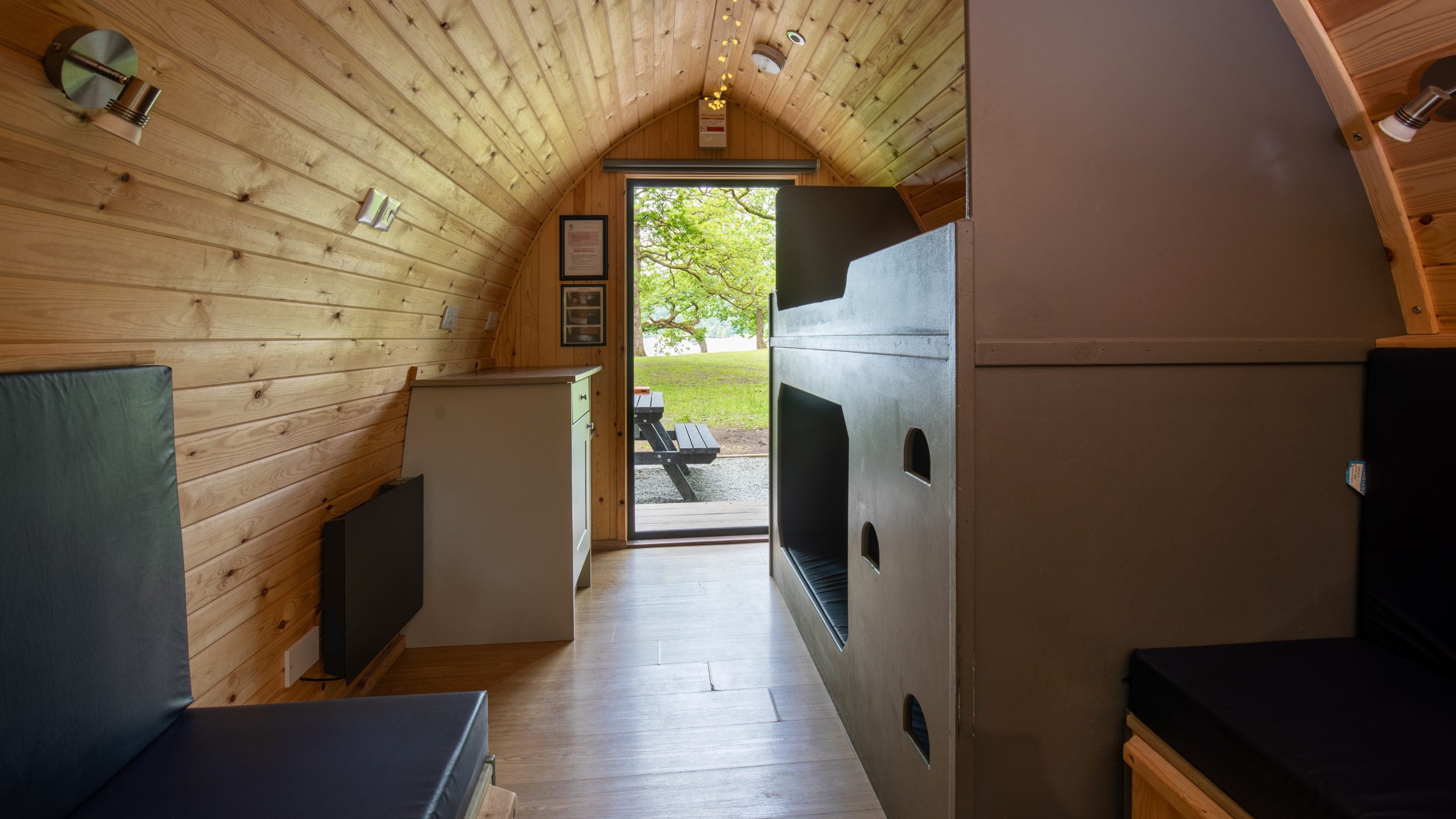 The interior of a furnished pod at Low Wray Campsite, Cumbria