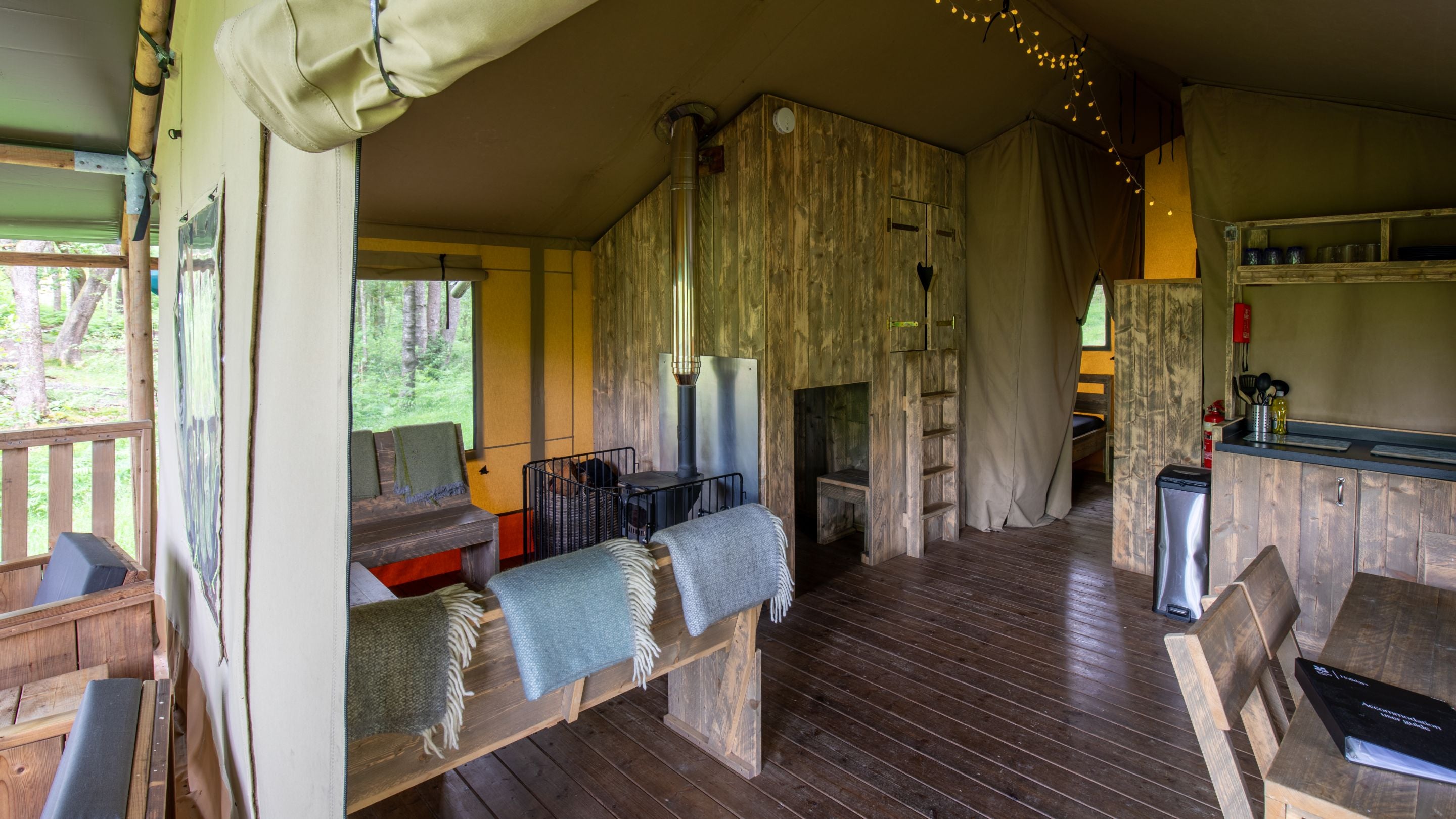 The interior of a safari tent at Low Wray Campsite, Cumbria